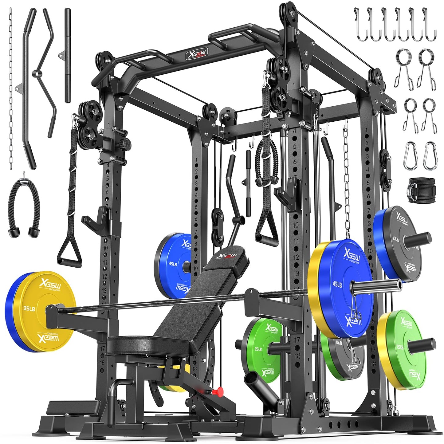 Power Rack Power Cage Multi-Function Squat Rack with Cable Crossover System Selectable More Training Attachment Power Rack for Garage & Home Gym (Black, G Set L02+Weight Bench+（Pole+Color BP） 348LBS)
