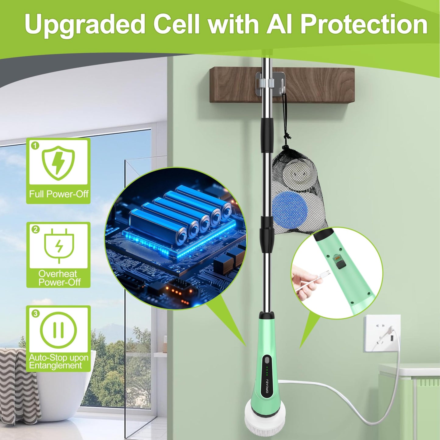 G2-Electric Spin Scrubber - IPX7 Waterproof 12-in-1 Shower Cleaner Brush, Retractable Handle & 2-Speed for Bathroom, Bathtub, Kitchen, Tile Floors