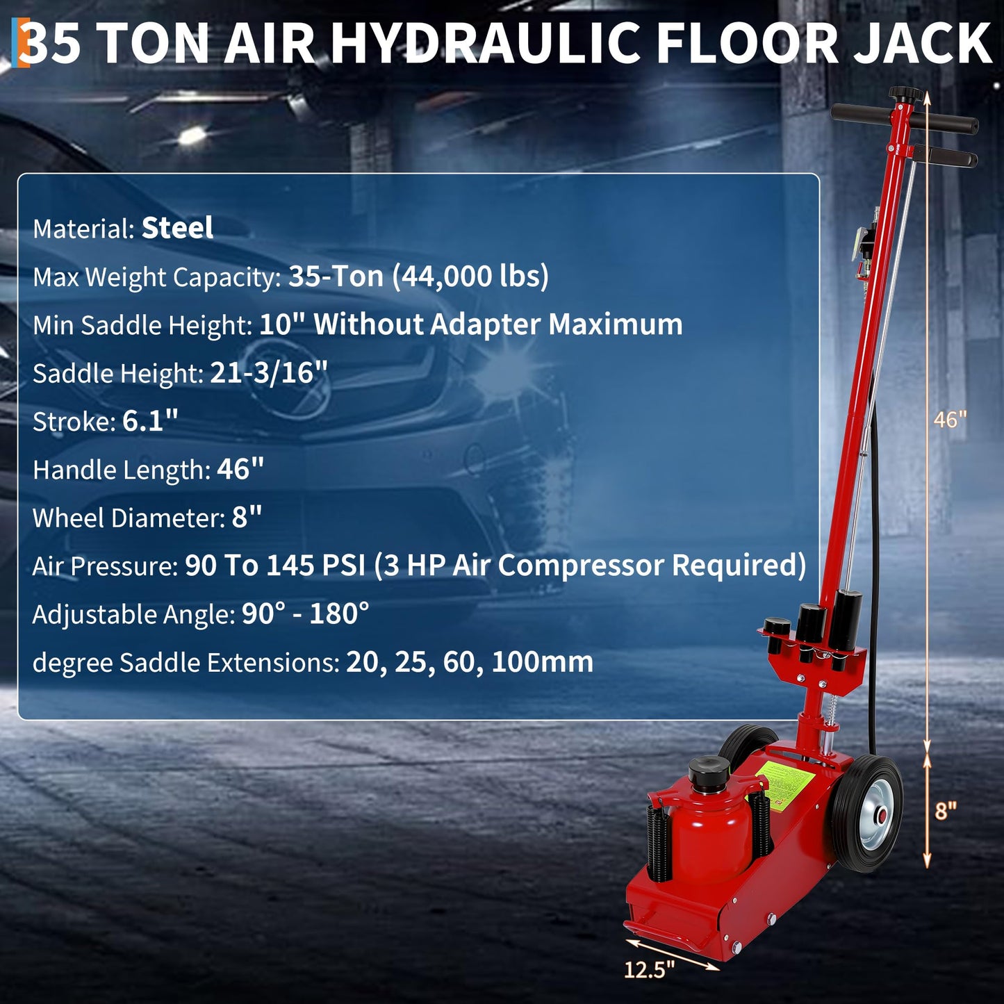 35 Ton Air Hydraulic Floor Jack for Heavy Duty Trucks & Tractors – 77,000 LBS Capacity, Low Profile (10"-21.19"), 4 Adapters (10/25/60/100mm), 46" Adjustable Handle – Dual Power (Air/Hydraulic)