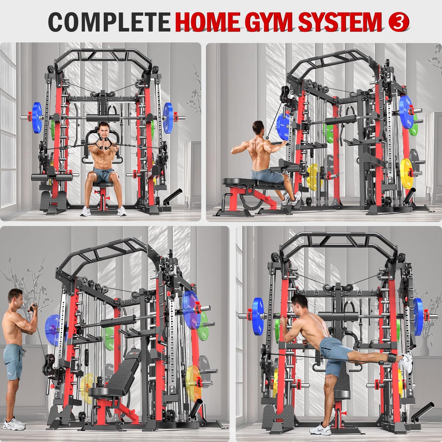 Smith Machine with Cable Crossover System, Multi-Function Squat Rack Power Cage for Home Gym, Power Rack and Packages Weight Sets (Red, L07-Smith Machine+Bench+(Pole+Cast lron) 253LBS)