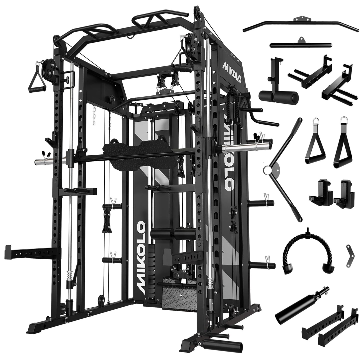 Mikolo Smith Machine with Weight Stack, Power Cage Home Gym System with LAT Pulldown & Cable Crossover, Multi-Functional Trainer with Dual Pulley System, Includes 10+ Free Attachments