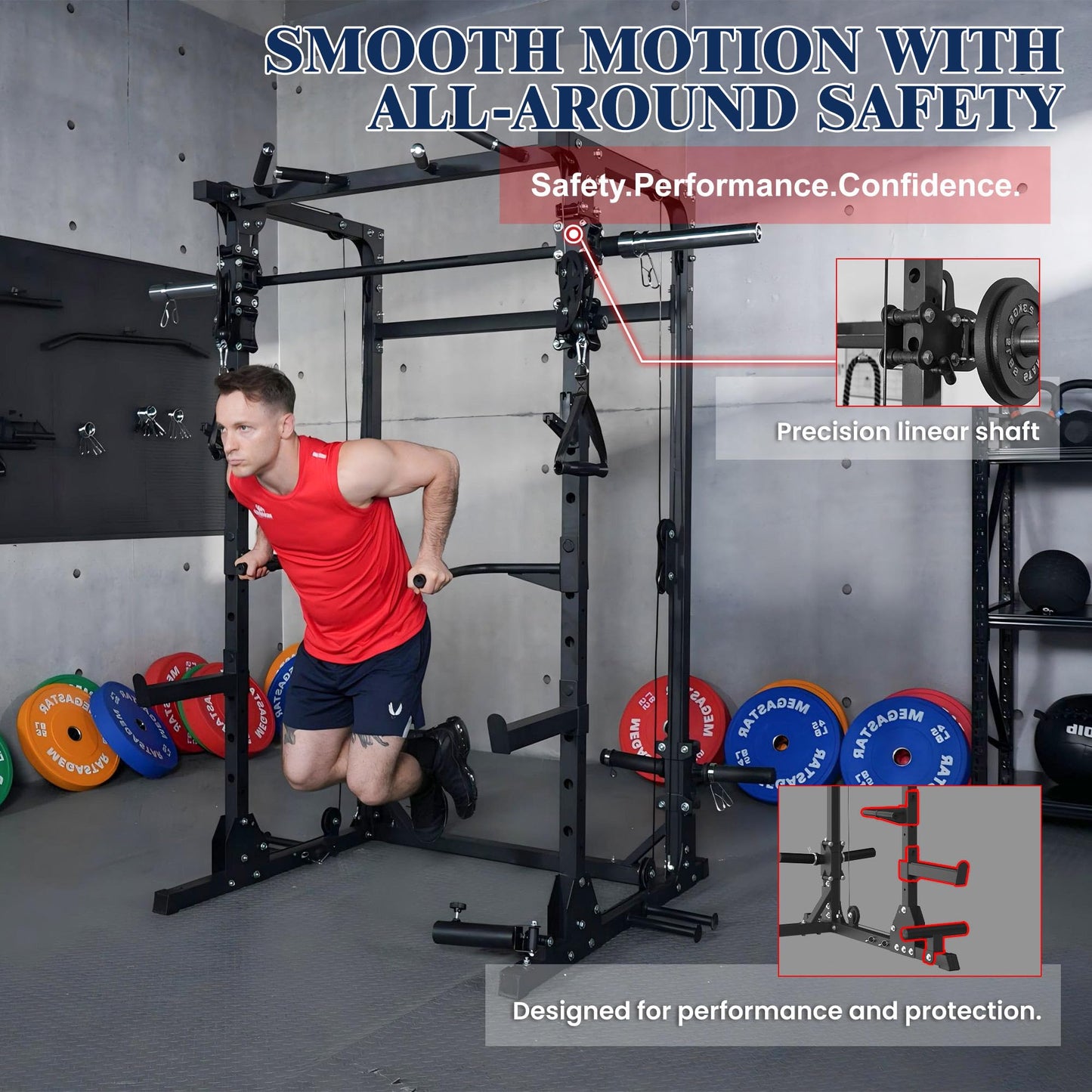 Smith Machine, 5 in 1 Heavy-Duty Squat Rack with Cable Crossover, All-in-One Home Gym Power Rack for Full-Body, Dual 1:1 Pulley System