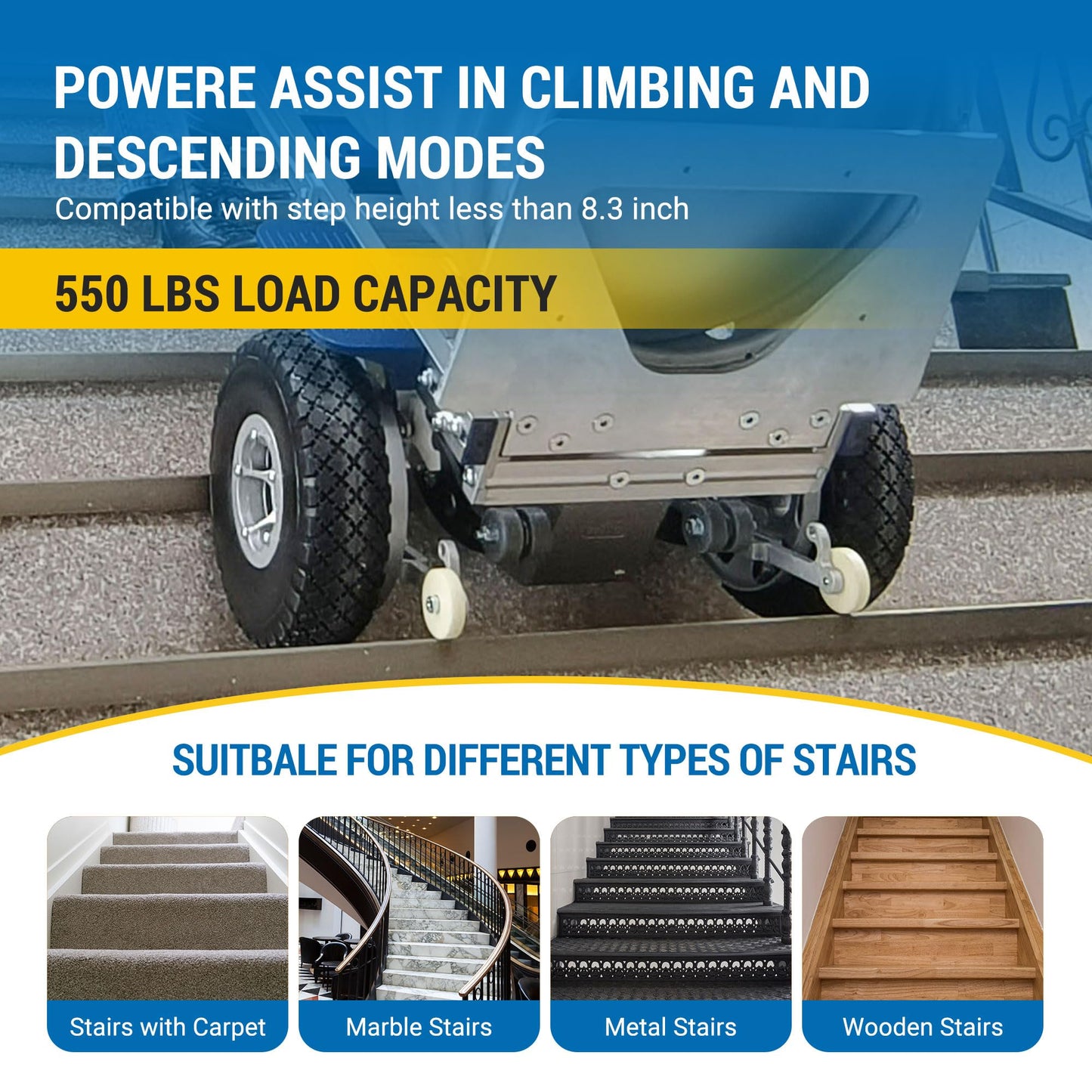 550LBS Electric Stair Climbing Hand Truck Dolly with Auto-Edge Brakes and Ground Support Device (ZW7250GC Bundle)