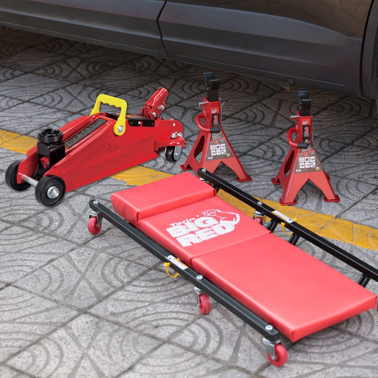 Big RED AT82040R Torin Hydraulic Trolley Floor Service/Floor Combo with 2 Jack Stands and Rolling Garage/Shop Creeper, 2 Ton (4,000 lb) Capacity, Red
