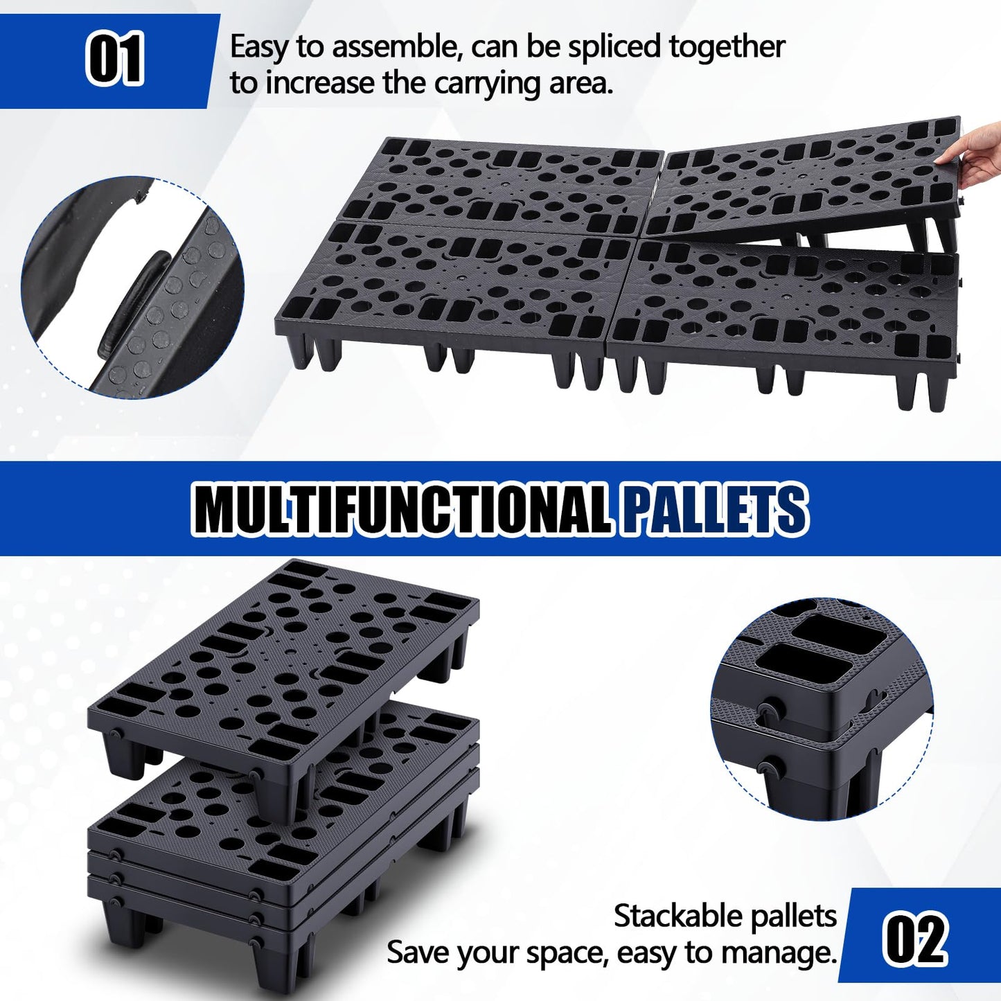 Singhoow 4 Pcs Plastic Pallets for Basement Storage Nestable Moisture Waterproof Lightweight Floor Pallets with Breathable Grid for Indoor Outdoor Supermarket Warehouse (19.6 x 11.8 x 3.9 Inch,Black)
