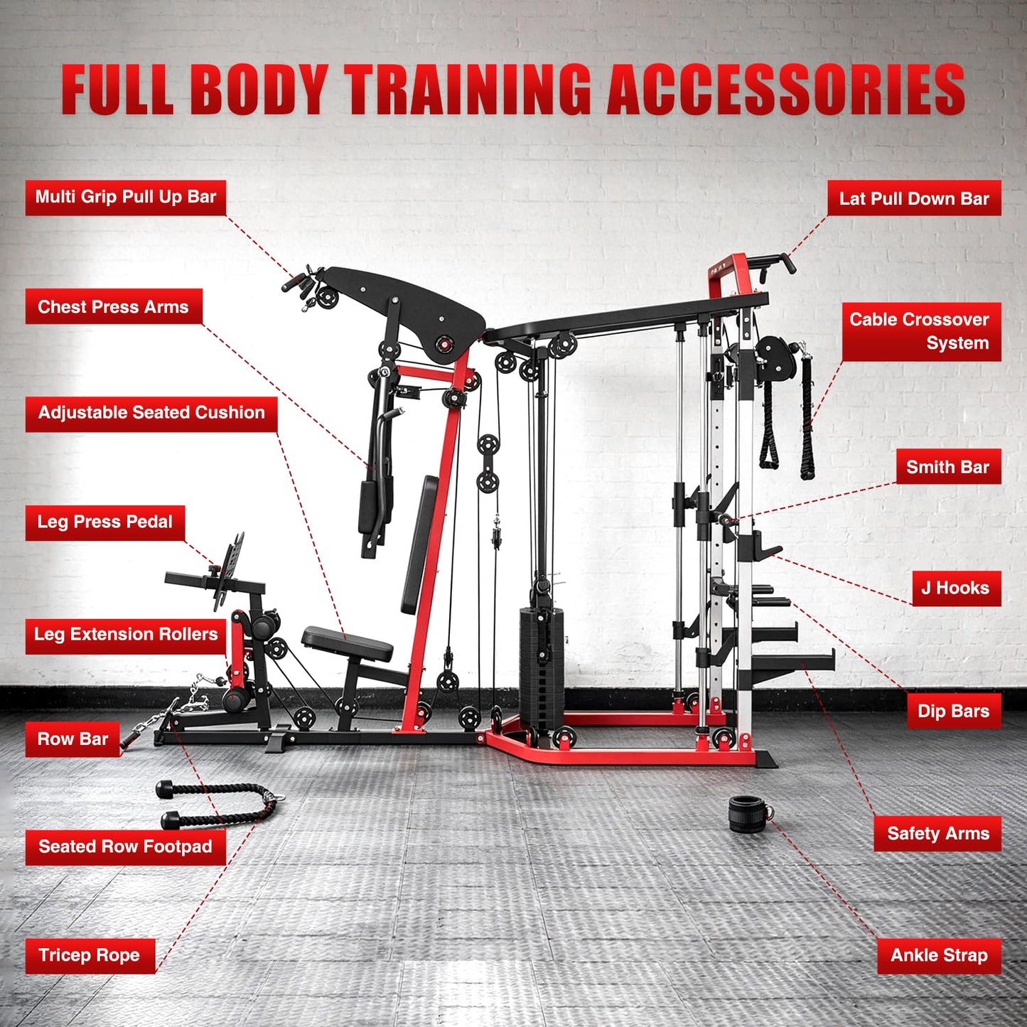 SPART All-in-One Home Gym Workout Station,Smithe Machine Home Gym Power Cage,Professional Functional Trainer for Couples & Family Strength Training,Leg Press, LAT Station for Full Body Training, Red