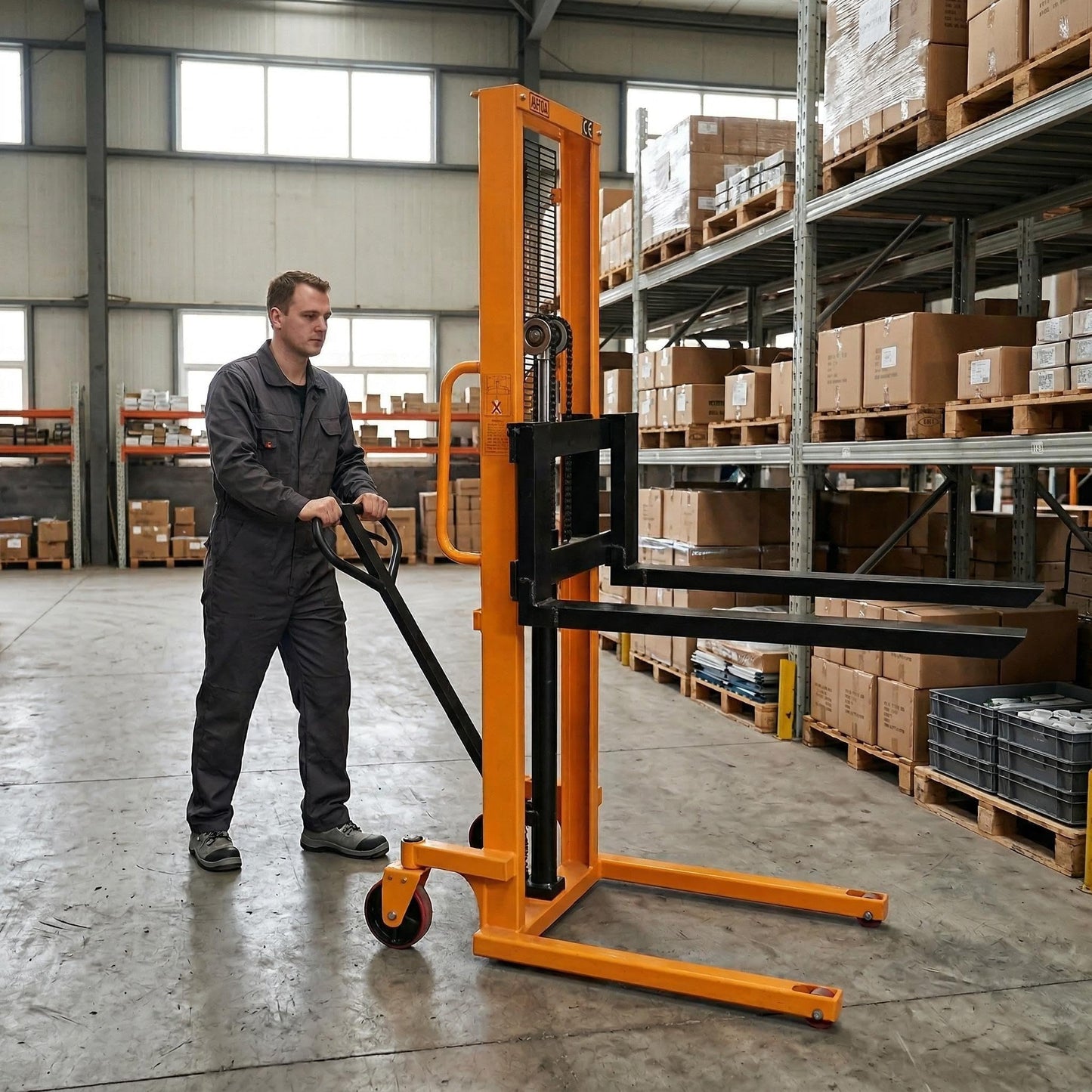Amarite 2200lbs Manual Hydraulic Stacker - Open Bottom Pallets Only - 63" Lift Height Manual Pallet Stacker with Adjustable Forks