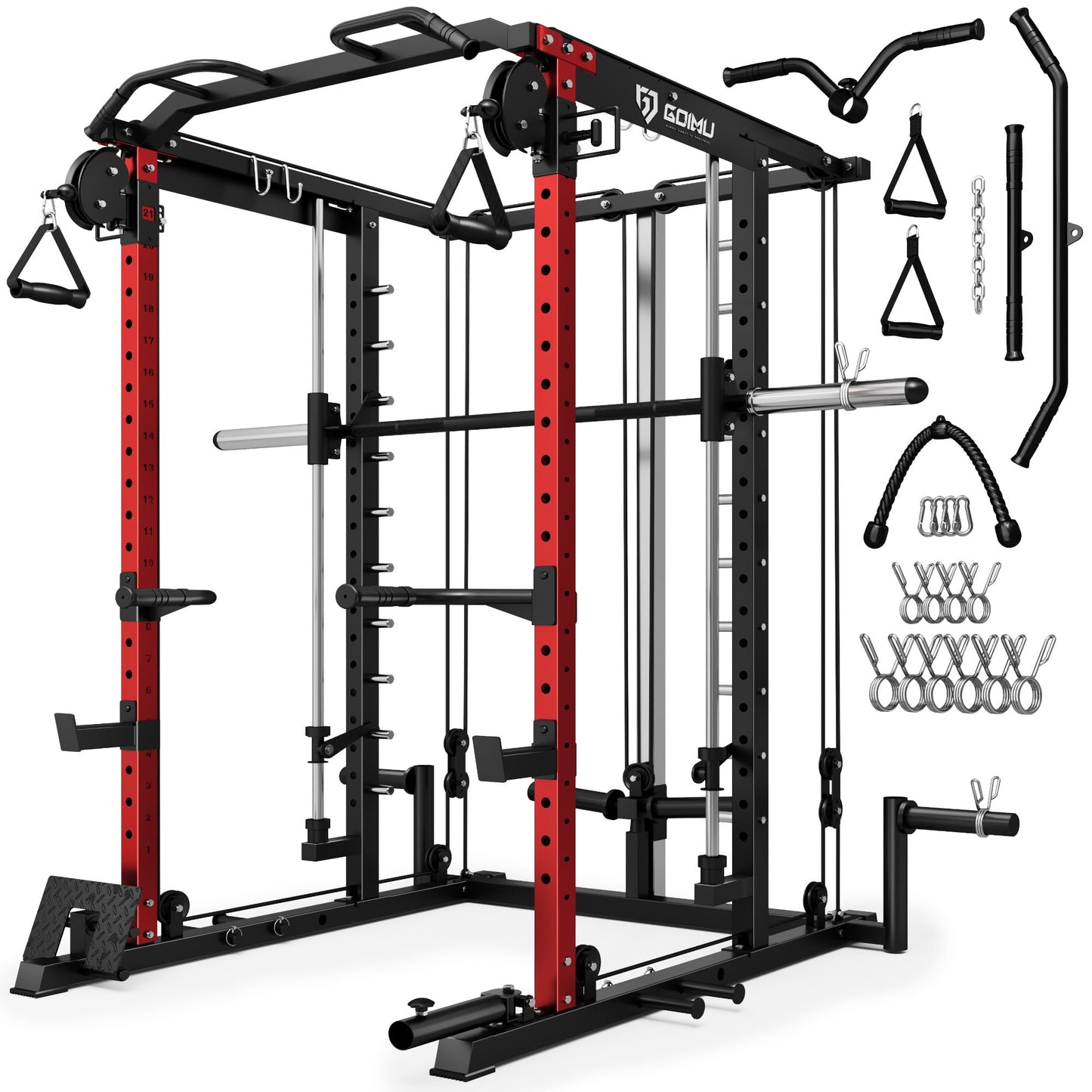 Goimu S1-V4 Smith Machine, 2000LBS Power Cage with Cable Crossover System, All-in-One Squat Rack with Smith Bar, Strength Training Equipment for Hone Gym (Red Smith Machine S1)