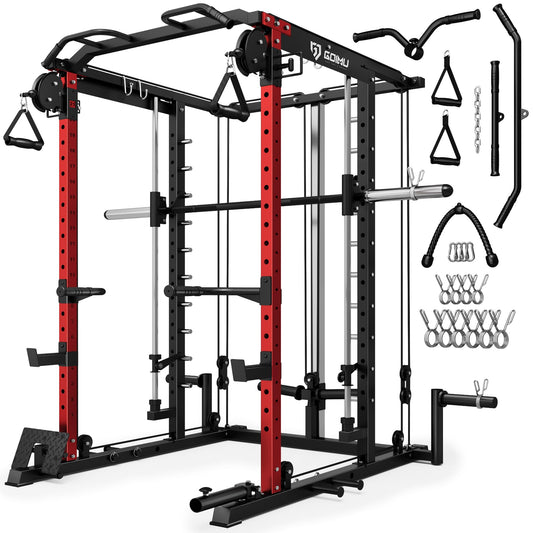 Goimu S1-V4 Smith Machine, 2000LBS Power Cage with Cable Crossover System, All-in-One Squat Rack with Smith Bar, Strength Training Equipment for Hone Gym (Red Smith Machine S1)