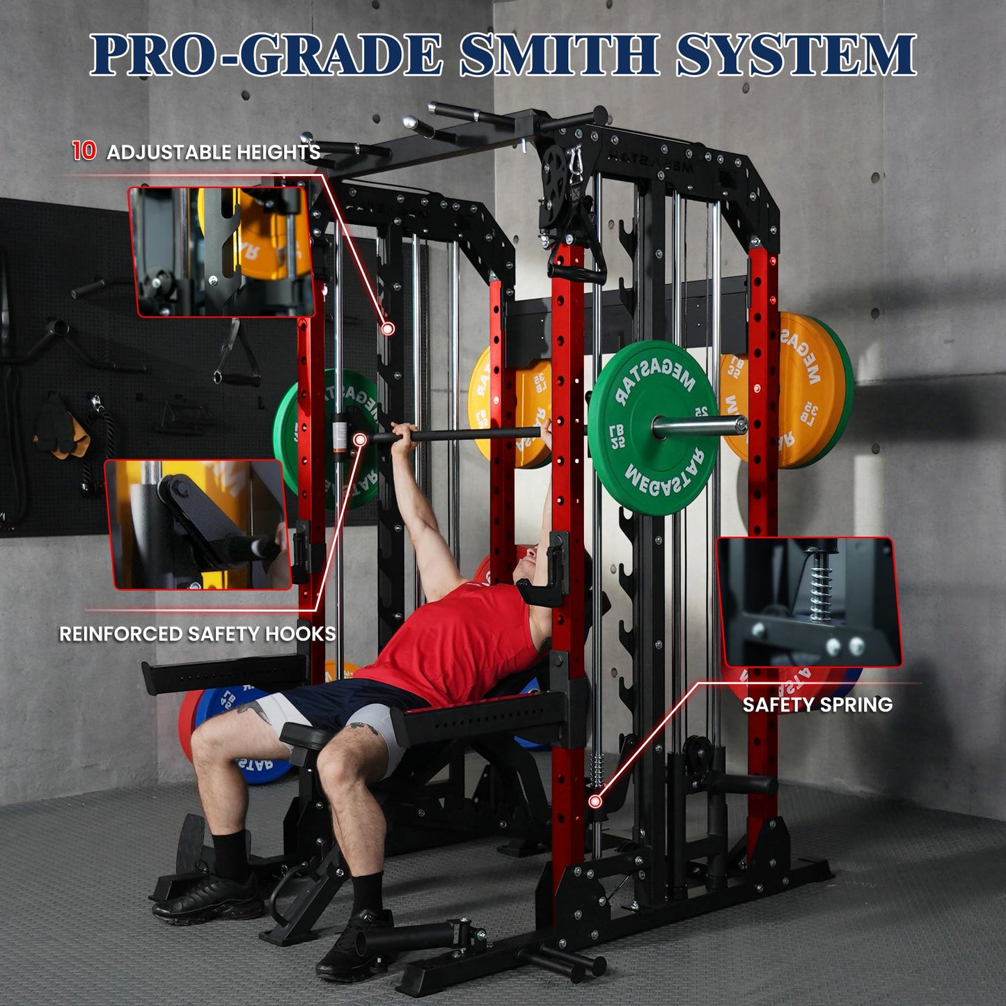 MEGASTAR FITNESS Smith Machine, 2600LBS Squat Rack, 7-in-1 Home Gym Cage with Adjustable Safety Bars, Pull-Up & LAT Pulldown