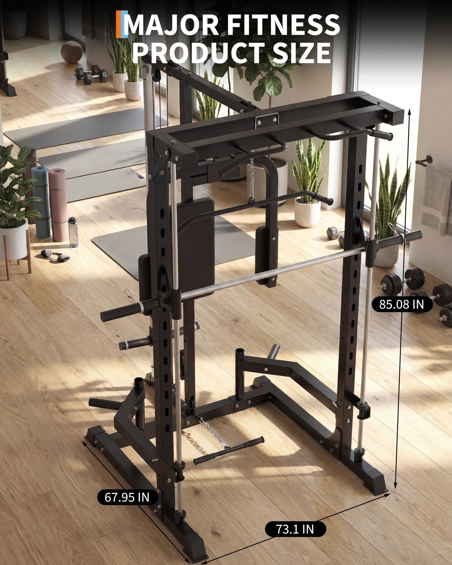 Multi-Functional Smith Machine Power Cage Squat Rack – Heavy Duty Home Gym Equipment – Includes LAT Pulldown, Low Row, Pull-Ups & Bench Press