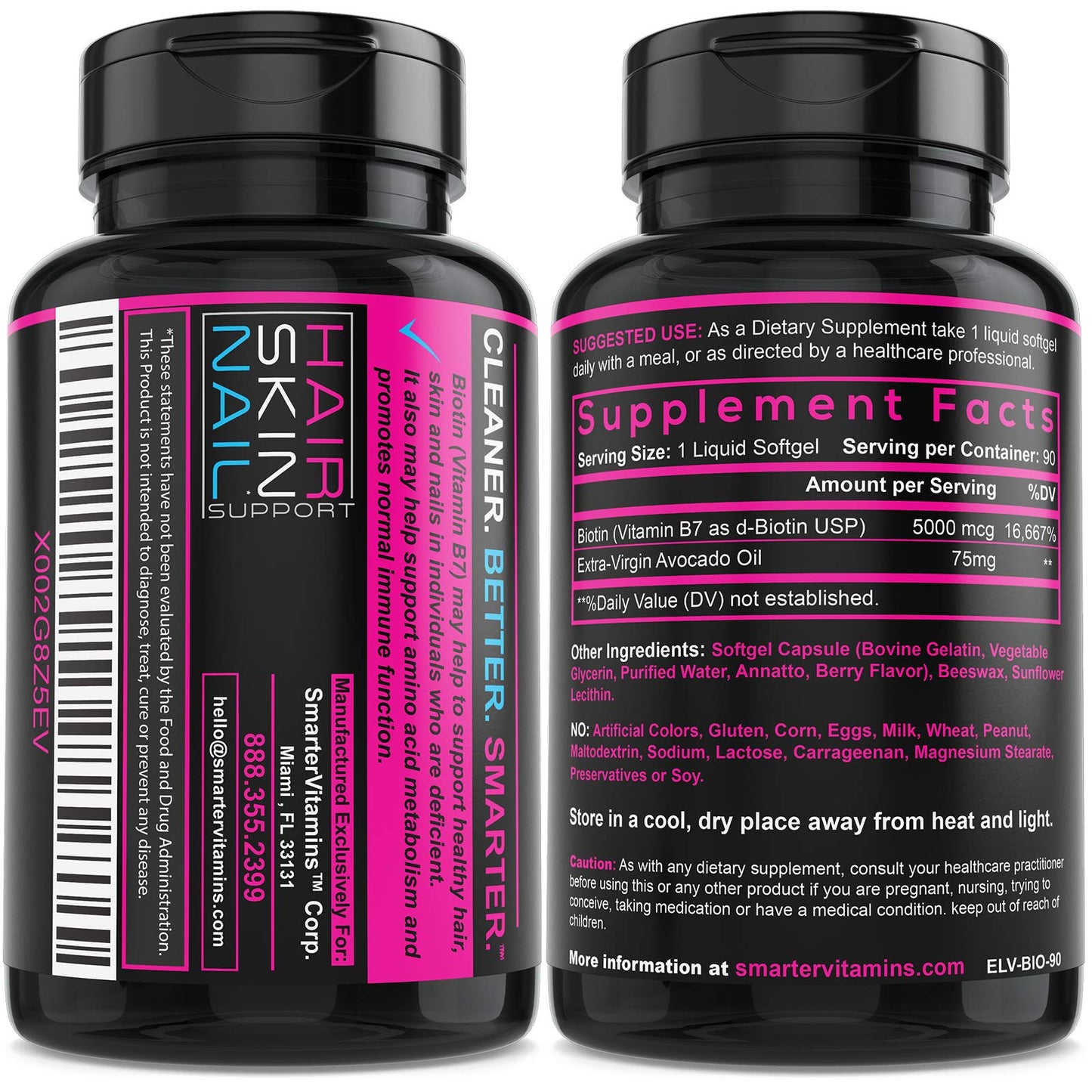 (2 Pack) Smarter Biotin 5000mcg in Avocado Oil, Vitamin B7, Non-GMO, 90 Mini Liquid Softgels, No Soy