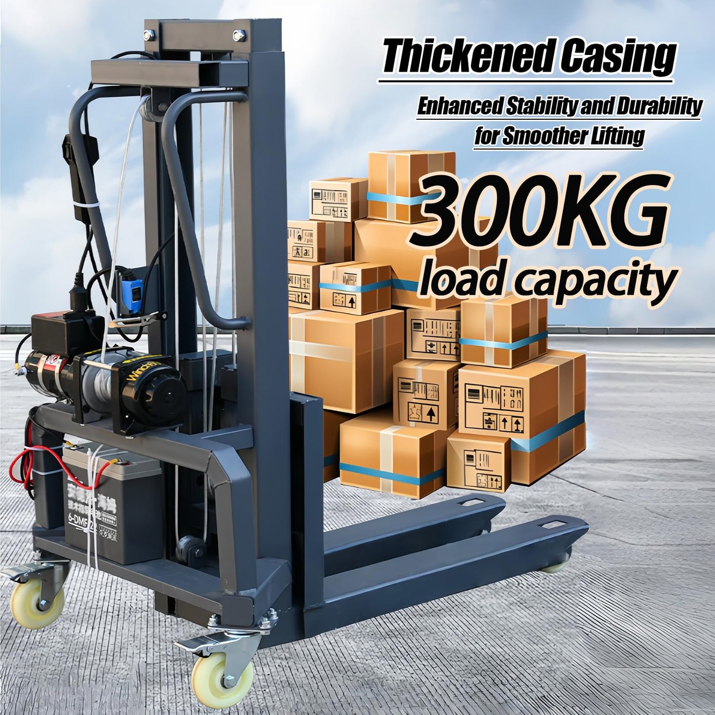 Electric Pallet Stacker Forklift, 661LBS Capacity Material Lift with Adjustable Forks Manual Pallet Truck Dolly for Warehouse Industrial (1.2m Lifting Height)