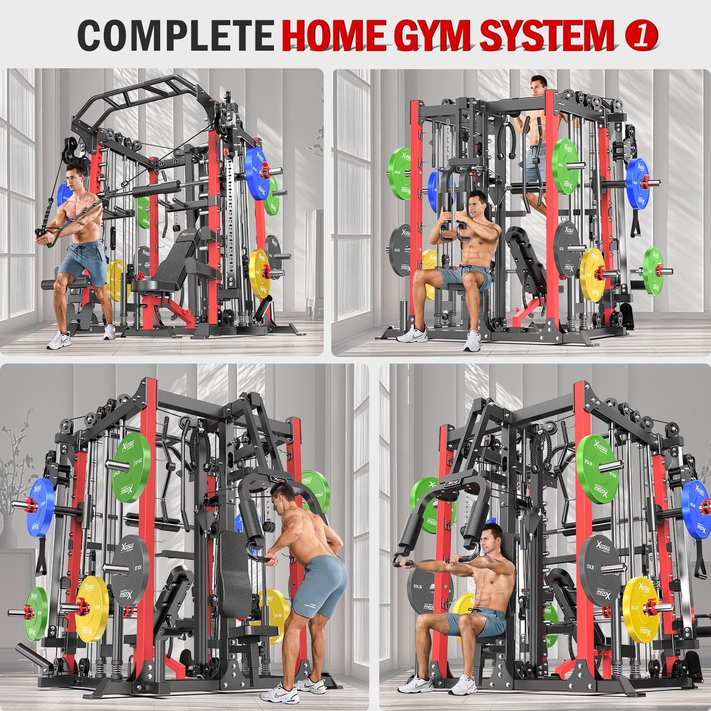 Smith Machine，Multi-Function Squat Rack Power Cage with Cable Crossover System,with Optional Weight Bench, Olympic Barbell Weight Set, for Home Gym (red, L07-Power Cage + Weight Bench)