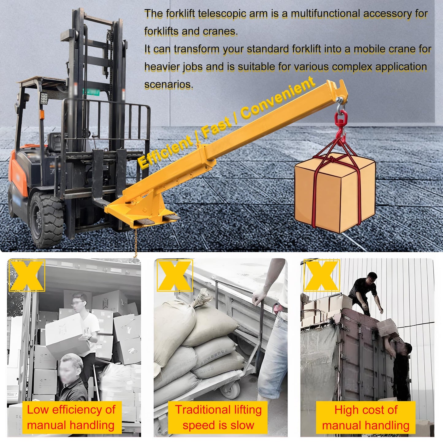 HayWHNKN Forklift Jib Boom Forklift Mobile Crane, 3T / 6600LB Telescopic Crane Attachment with Hook, Adjustable 63"-98" Mobile Lifting Hoist Towing Handling for Warehouse & Construction Material