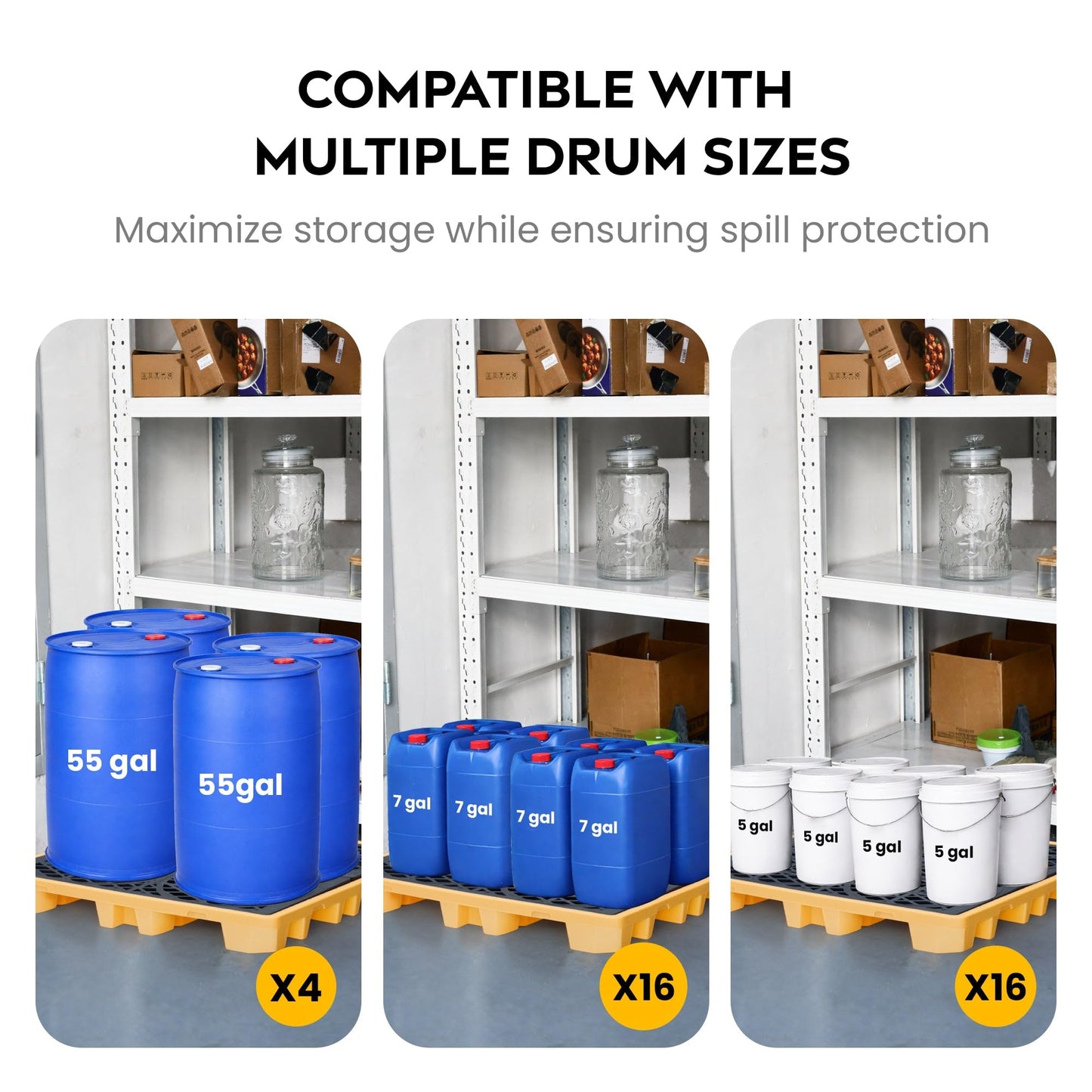 Spill Ready 4 Drum Spill Containment Pallet (4-Pack) - 52" x 52" x 7" - 28 Gallon Sump, HDPE Low-Profile Drum Spill Deck with Drain and Forklift Pockets, Yellow | 4 Drum Spill Containment Trays