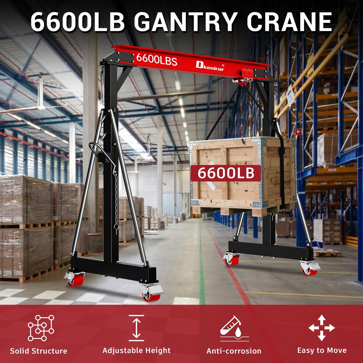 Dkenicor 3 Ton (Max.6600 LBS) Gantry Crane, Adjustable Height 8.53-12.47ft, Heavy-Duty Steel I-Beam Portable Hoist for Factories, Warehouses, Auto Repair, Construction, Red