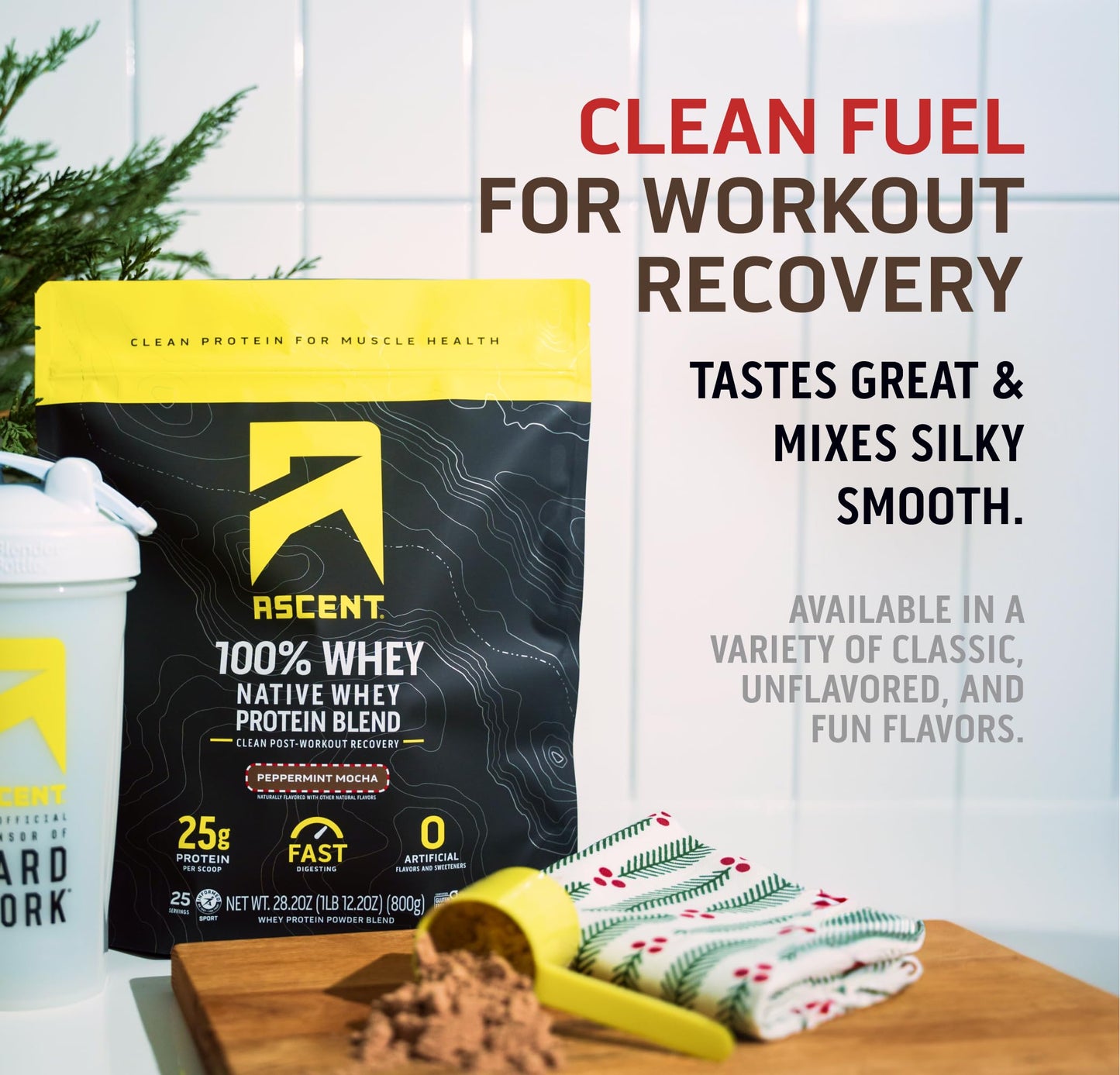 Ascent 100% Whey Protein Powder - Post Workout Whey Protein Isolate, Zero Artificial Flavors & Sweeteners, Gluten Free, 5.5g BCAA, 2.6g Leucine, Peppermint Mocha 1.7 lb