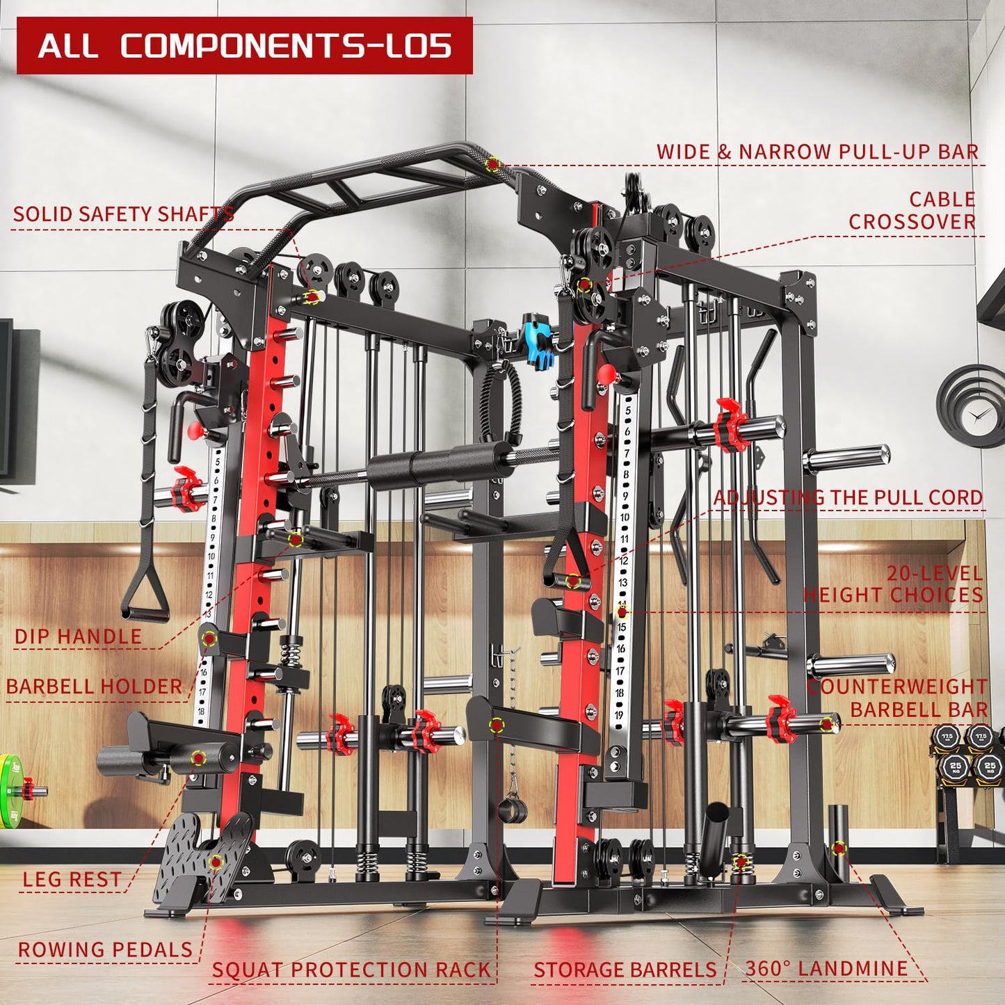 XGSW Smith Machine with Cable Crossover System, Multi-Function Squat Rack Power Cage for Home Gym, Power Rack and Packages Weight Sets (L05, Power cage Red+Bench+Cast lron 220LBS)