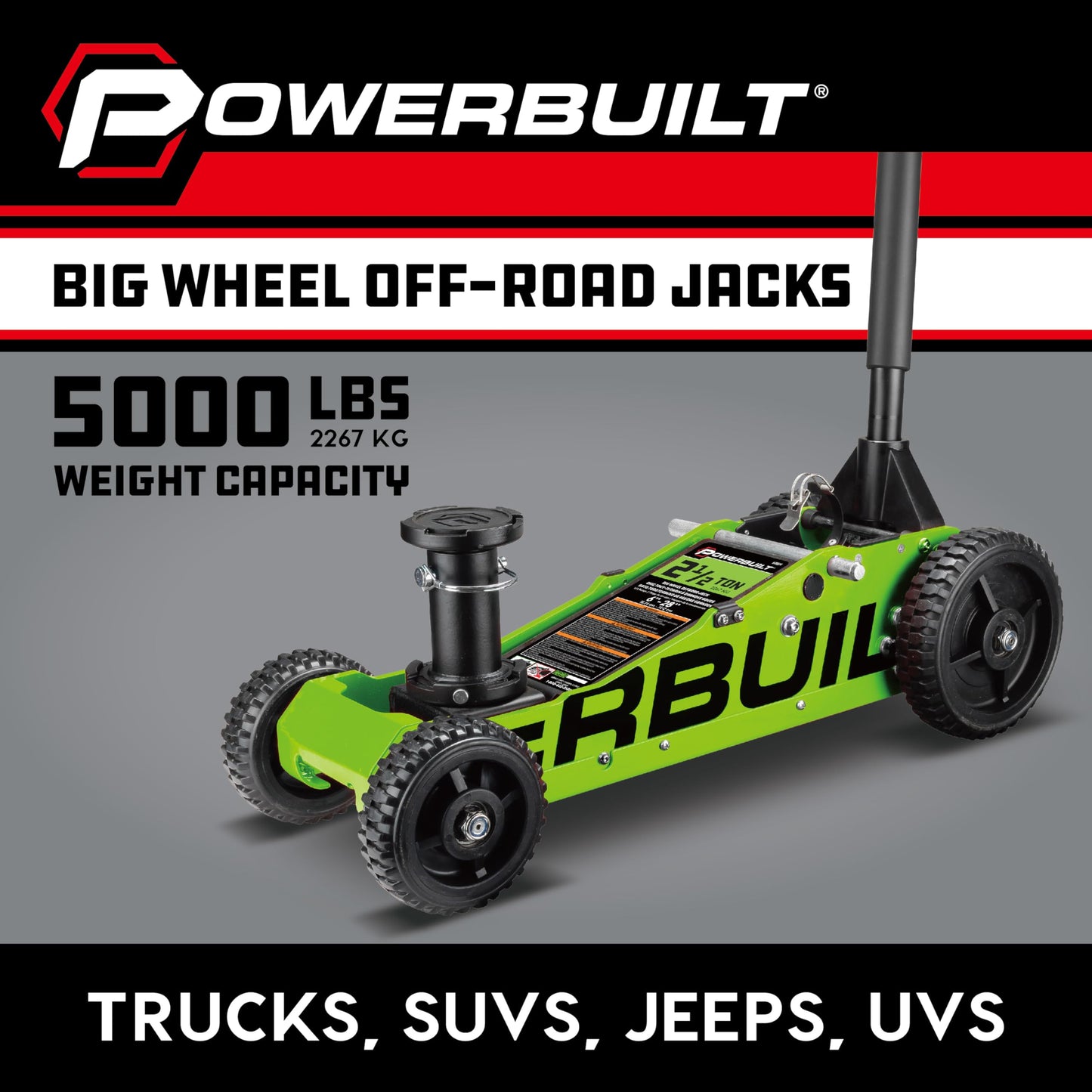Powerbuilt 2.5 Ton Big Wheel Off Road Jack, Vehicle Lift for Trucks, SUVs, ATVs Offroad Vehicles, Oversized Wheels for Rugged Terrain, 5000 LB Capacity, Green 620624ECE