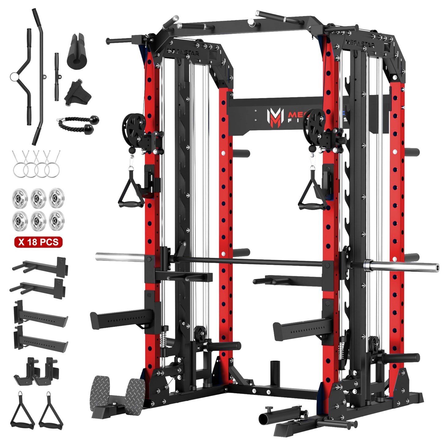 MEGASTAR FITNESS Smith Machine, 2600LBS Squat Rack, 7-in-1 Home Gym Cage with Adjustable Safety Bars, Pull-Up & LAT Pulldown