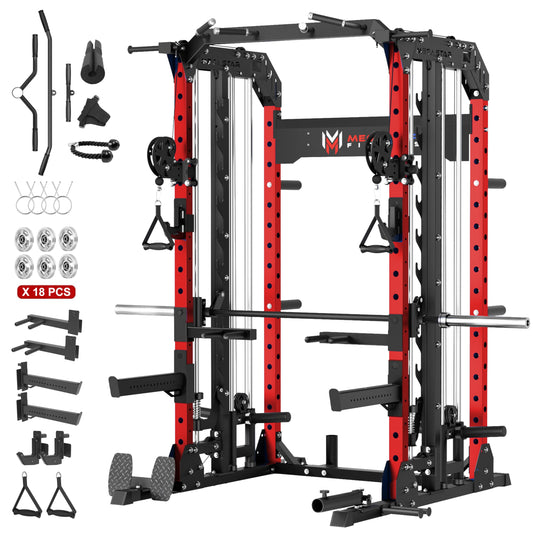 MEGASTAR FITNESS Smith Machine, 2600LBS Squat Rack, 7-in-1 Home Gym Cage with Adjustable Safety Bars, Pull-Up & LAT Pulldown