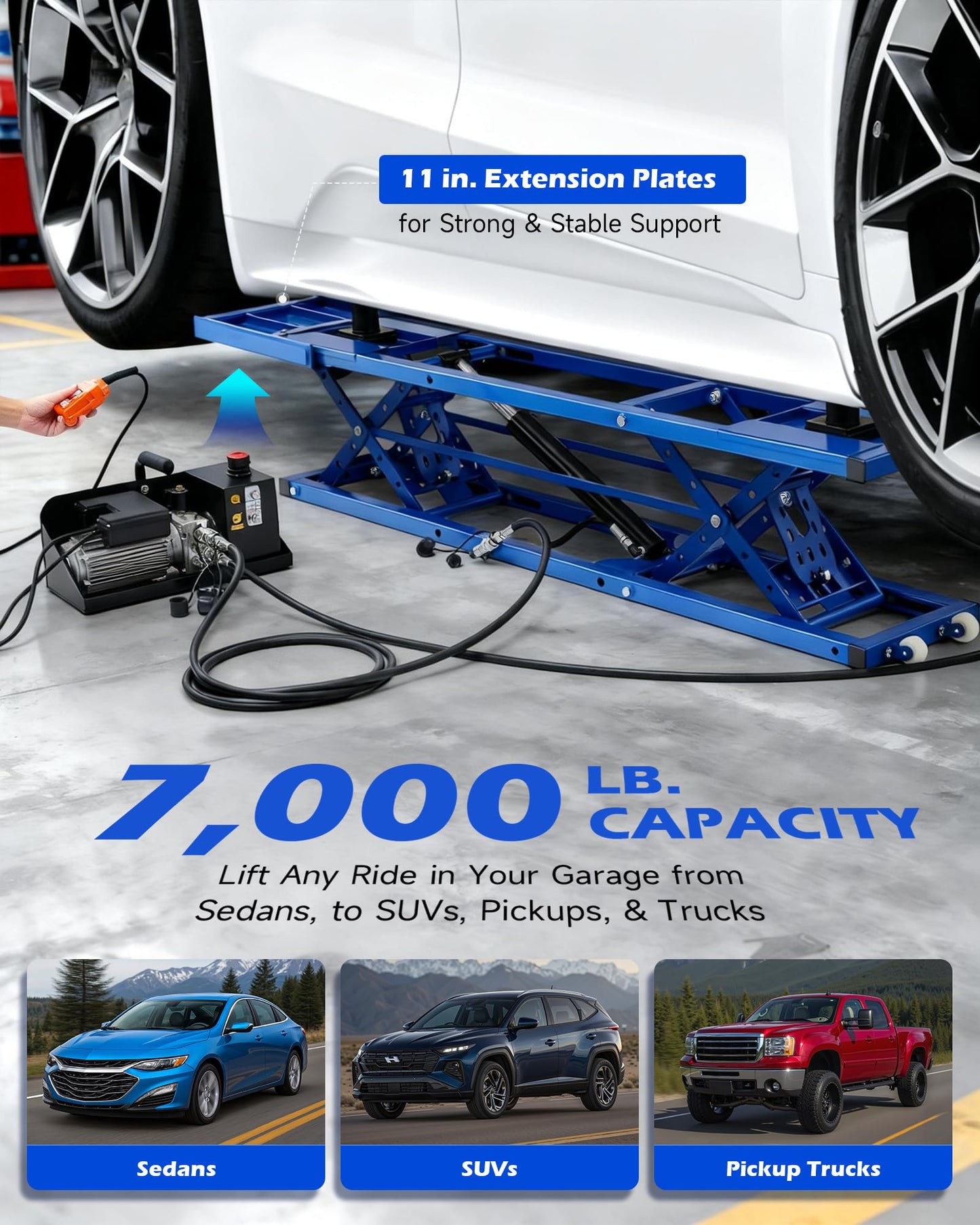 Orion Motor Tech Portable Car Lift with 7000lb Capacity, Heavy-Duty Adjustable Car Jack (26.8 in Max Height) for Sedan, Pickup Truck & SUV with Auto Lock Extension Plates