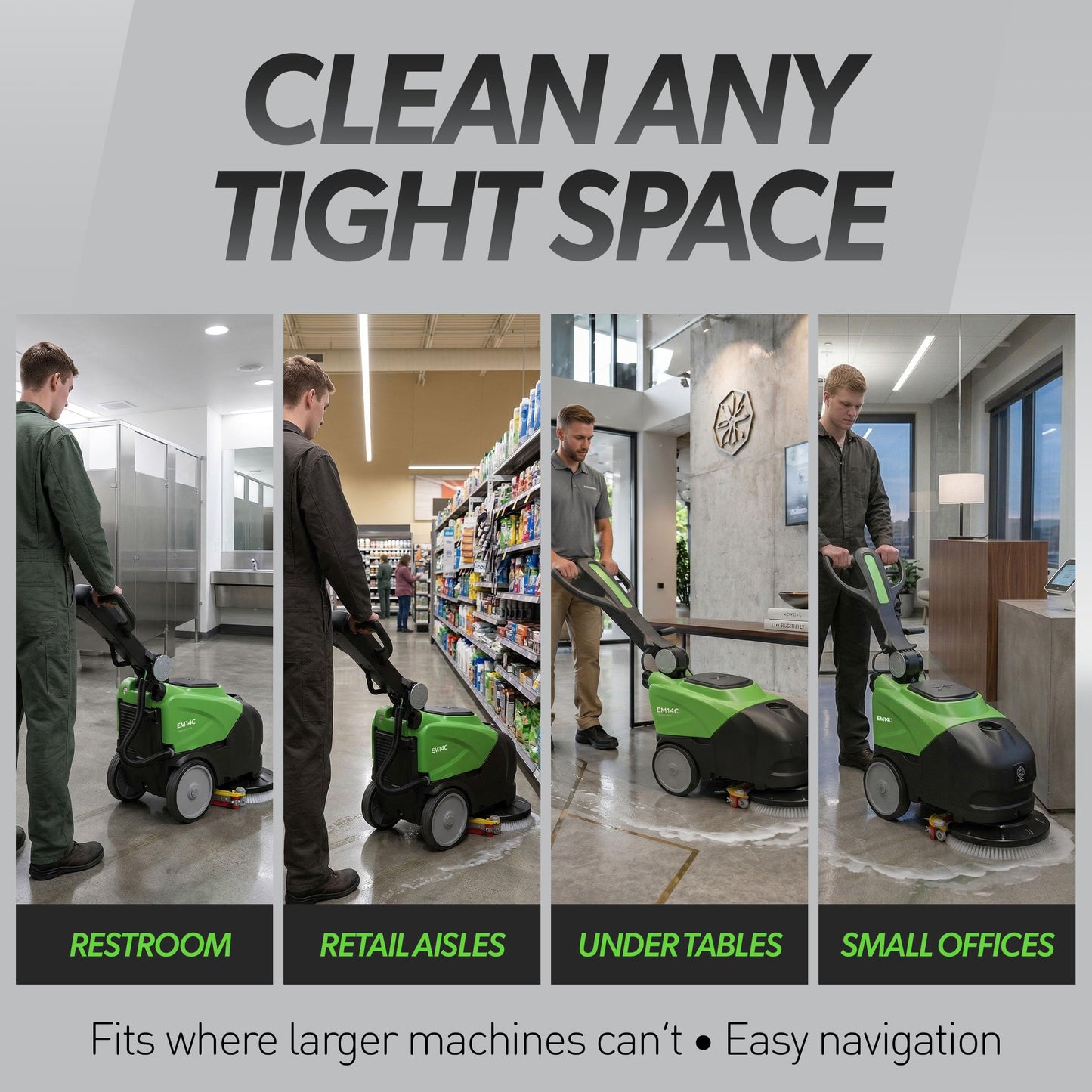 IPC Eagle EM14C Walk Behind Floor Scrubber - 110V-Powered, 14” Cleaning Path, Commercial Auto Scrubber for Tile, Retail, Offices & Tight Spaces
