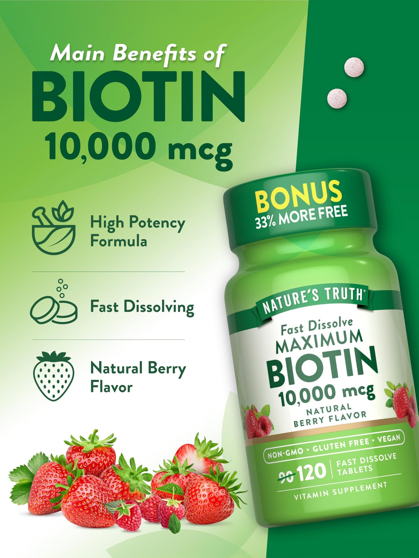 Nature's Truth Biotin 10000mcg | 120 Fast Dissolve Tablets | Maximum Strength | Natural Berry Flavor | Vegan, Non-GMO & Gluten Free Supplement