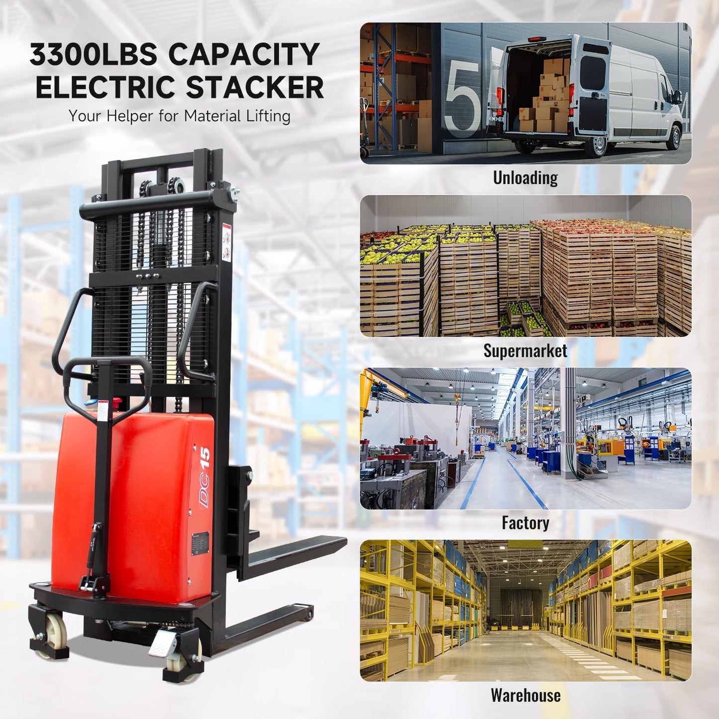 HPDMC 3300lbs Semi-Electric Pallet Stacker, 98" Lifting Height Wakie Stacker, Fixed Legs Material Lift with Adjustable Forks