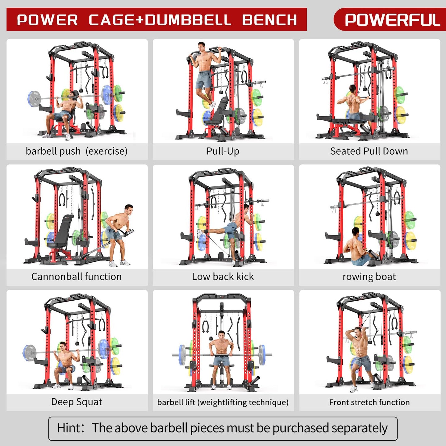 Power Rack Power Cage Multi-Function Squat Rack with Cable Crossover System Selectable More Training Attachment Power Rack for Garage & Home Gym (Black, B Set L01 Power Cage+Weight Bench)