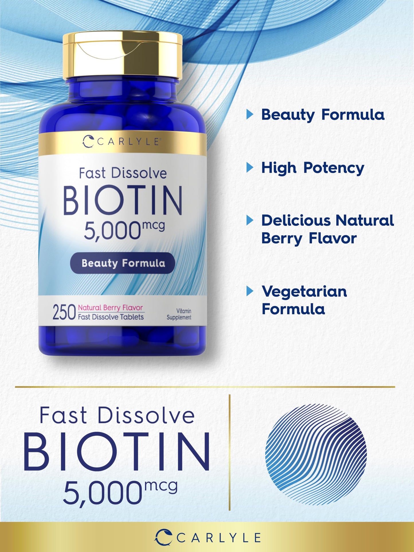 Carlyle Biotin 5000mcg | 250 Fast Dissolve Tablets | Supplement for Men and Women | Vegetarian, Non-GMO, Gluten Free