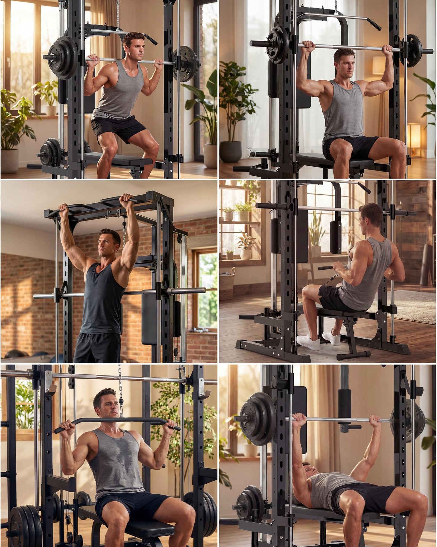 Multi-Functional Smith Machine Power Cage Squat Rack – Heavy Duty Home Gym Equipment – Includes LAT Pulldown, Low Row, Pull-Ups & Bench Press