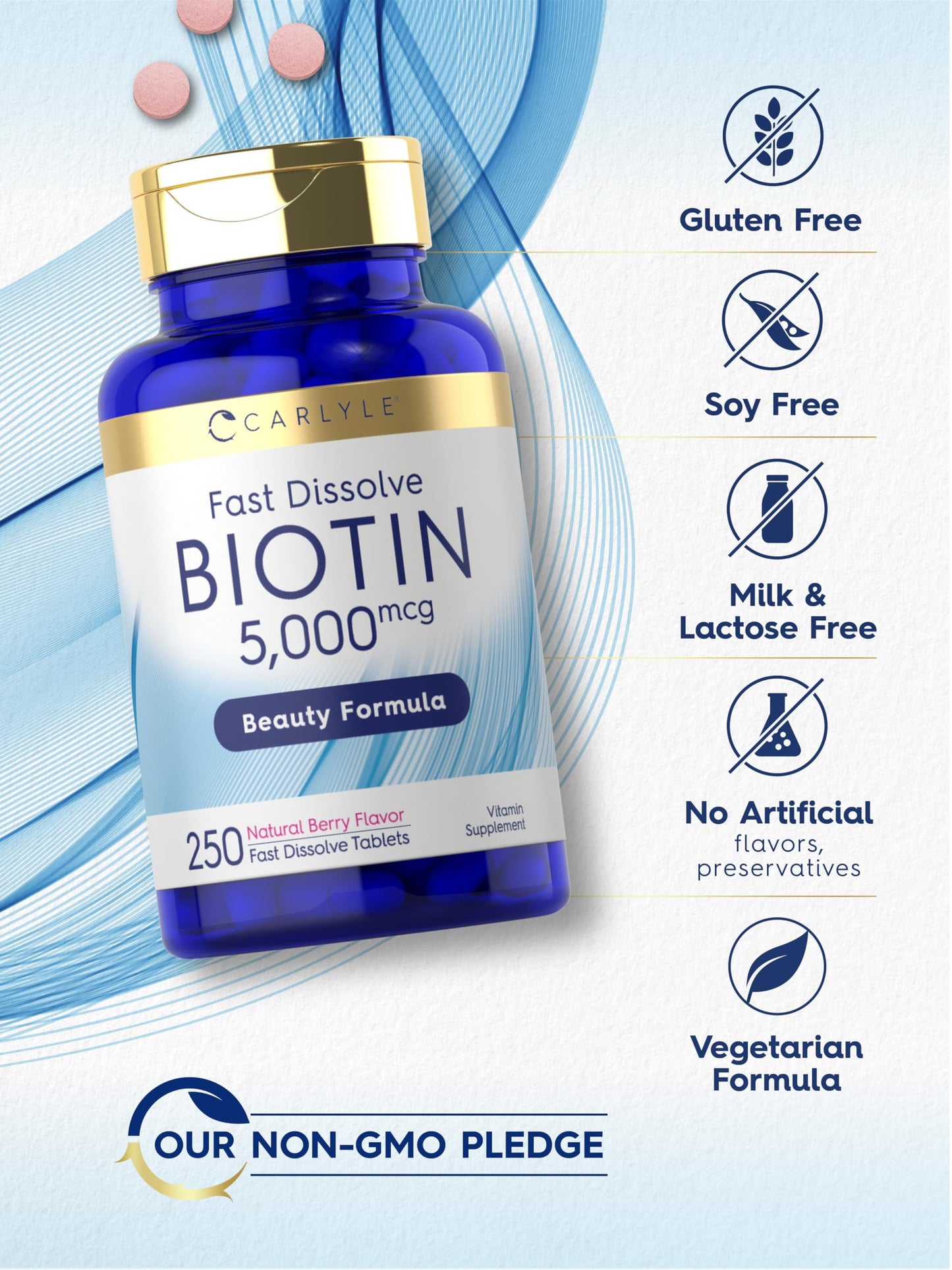 Carlyle Biotin 5000mcg | 250 Fast Dissolve Tablets | Supplement for Men and Women | Vegetarian, Non-GMO, Gluten Free