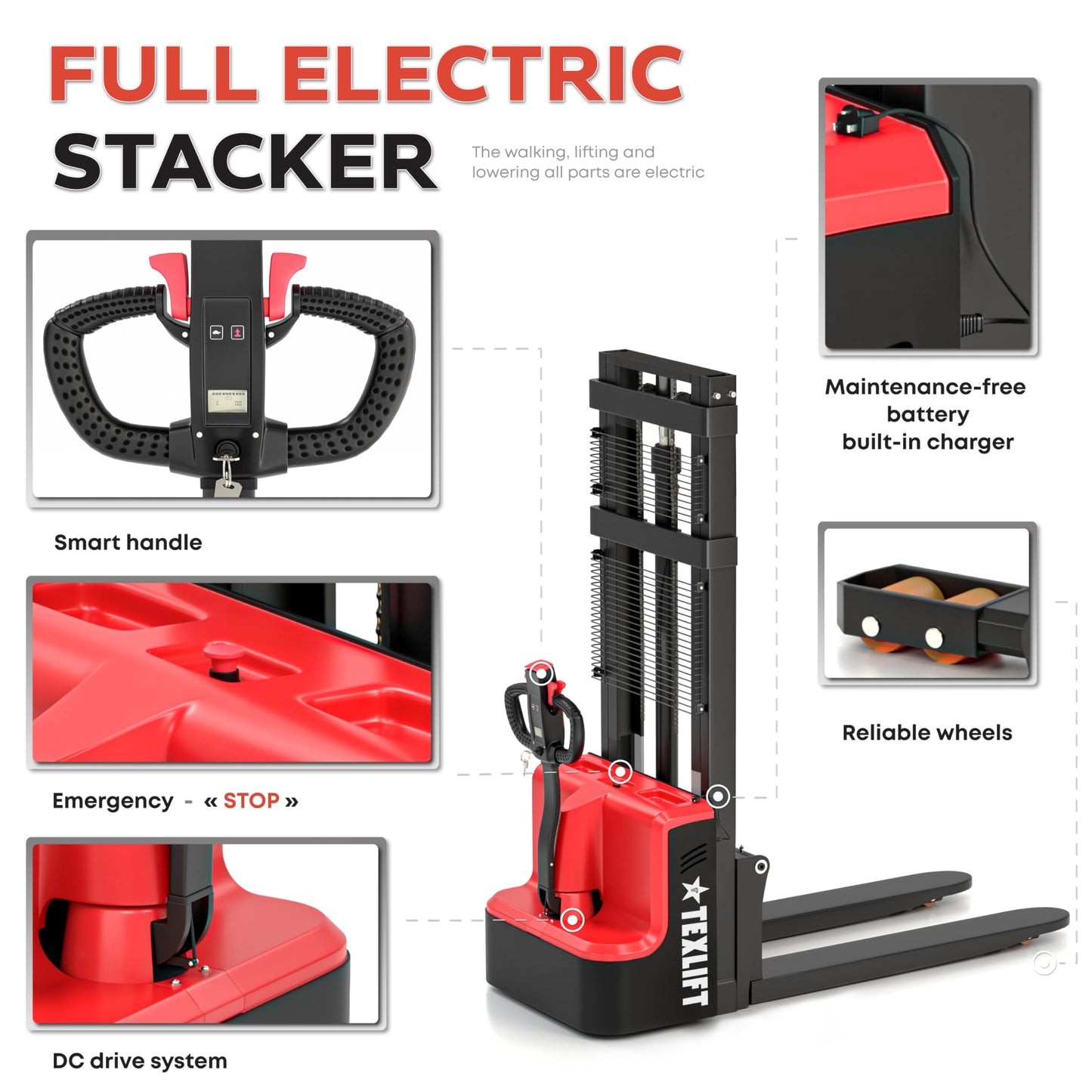 Full Electric Walkie Pallet Stacker 3300 lb Capacity, 98″ / 8 Ft Lift Height, Fixed Narrow Legs & Adjustable Forks 5.5″–27″, Battery Powered Material Lifter for Warehouse (US-ESN33K-98)