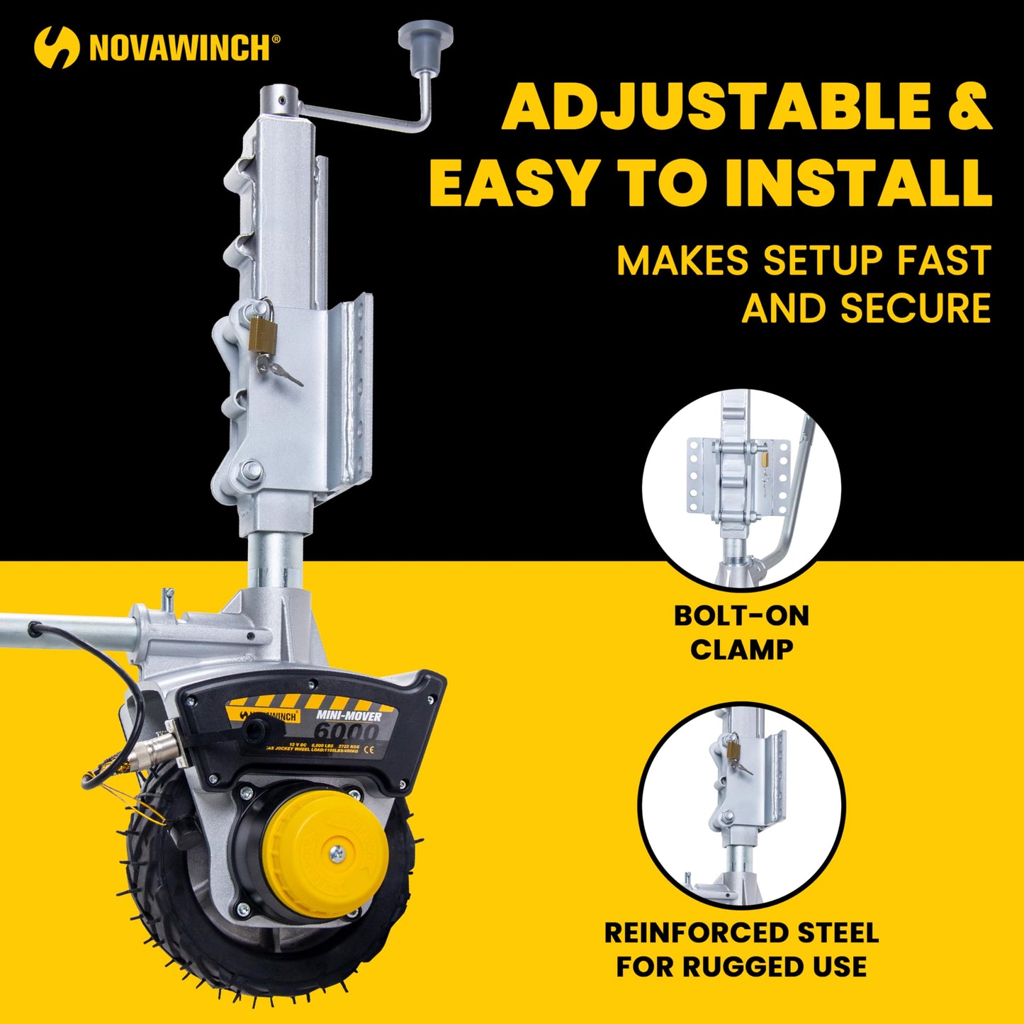 Novawinch Mini Mover 3-12V Electric Trailer Dolly - Motorized Jockey Wheel for Trailers up to 6000 lbs - Powered Forward and Reverse Steering Control - 8 Inch No Flat Tire - Clamp or Bolt Mount