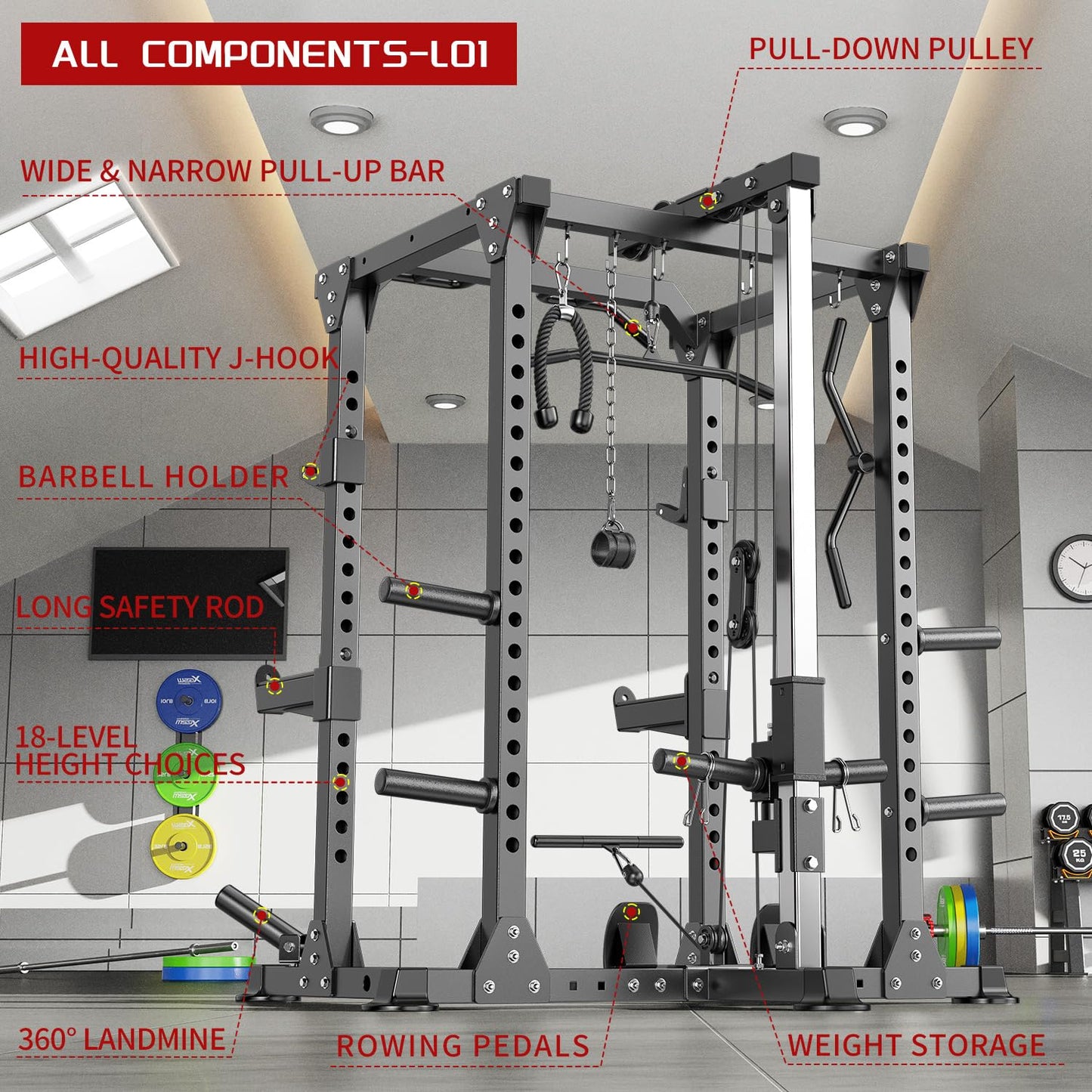 XGSW XINGESIWR Multi-Purpose Squat Rack,Smith Machine Weight Rack Set with Cable Crossover System, Home Gym Power Racks, Power Racks and Packages (L01, Power cage Black+Bench+Cast lron 220LBS)