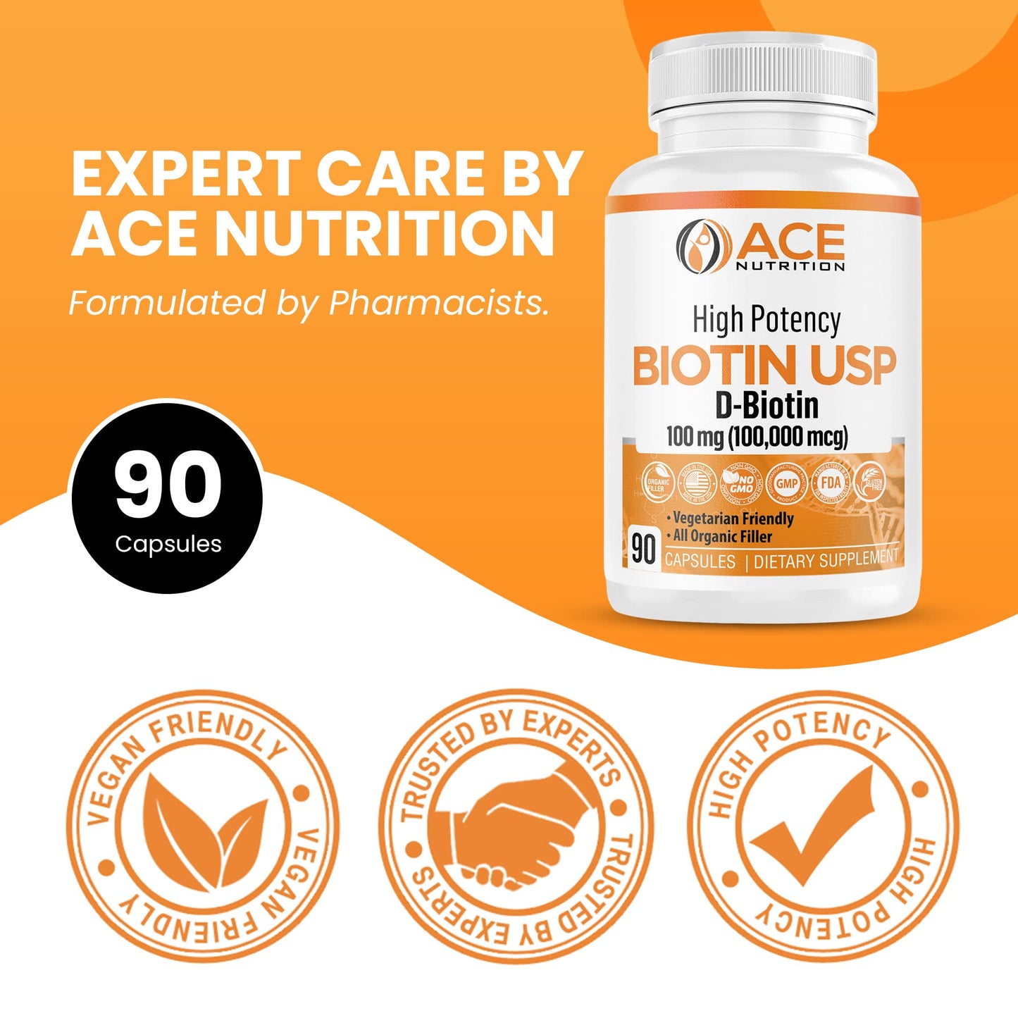 Ace Nutrition High Potency Biotin USP (D-Biotin 100,000mcg) - Superior Biotin, Organic Rice Flour, Vegetarian Capsules For Hair, Skin, & Myelin Health, Made in the USA (100mg/90 Capsules)