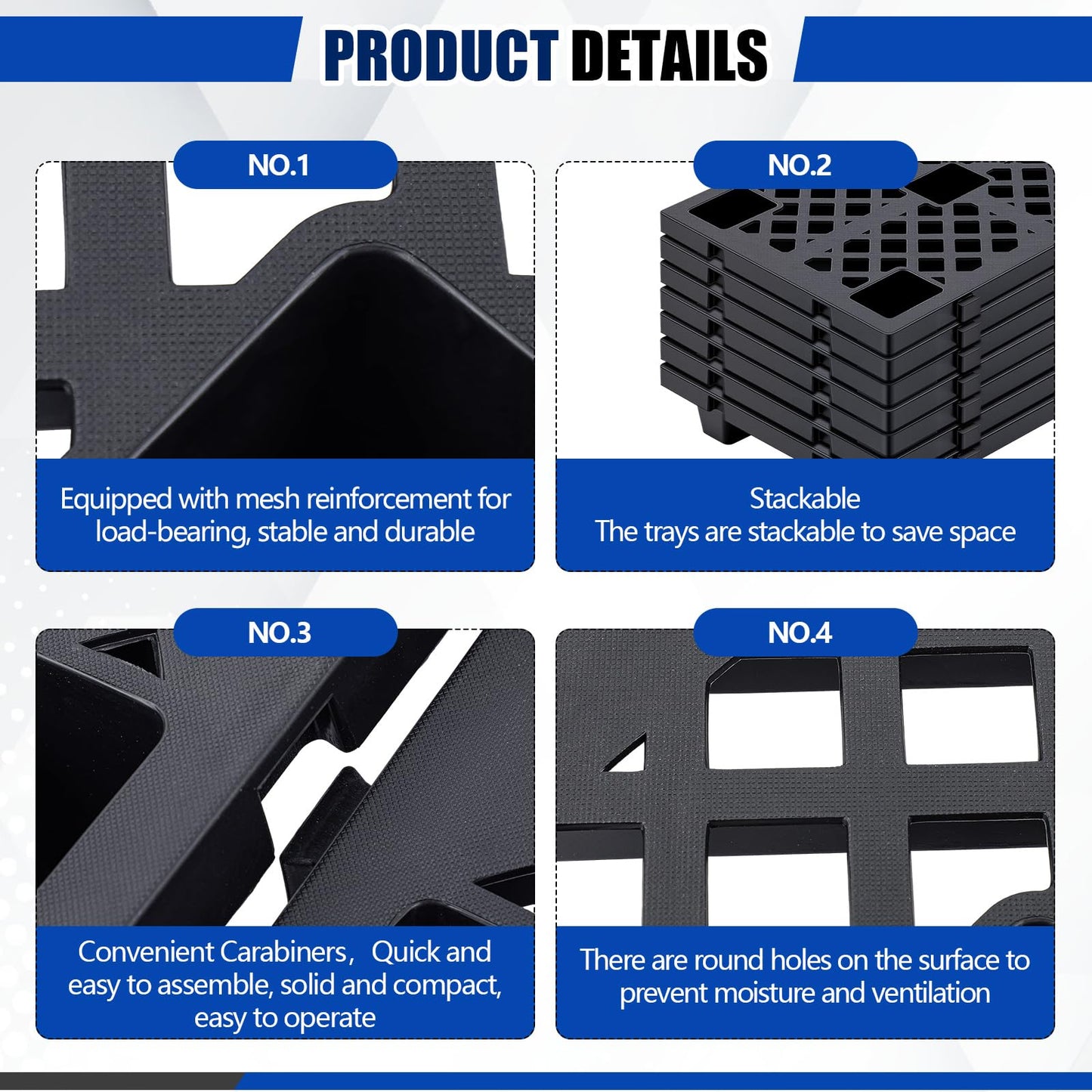 Singhoow 8 Pcs Plastic Pallets for Basement Storage Nestable Moisture Waterproof Lightweight Floor Pallets with Breathable Grid for Indoor Outdoor Supermarket Warehouse (23.6 x 15.8 x 3.9 Inch,Black)