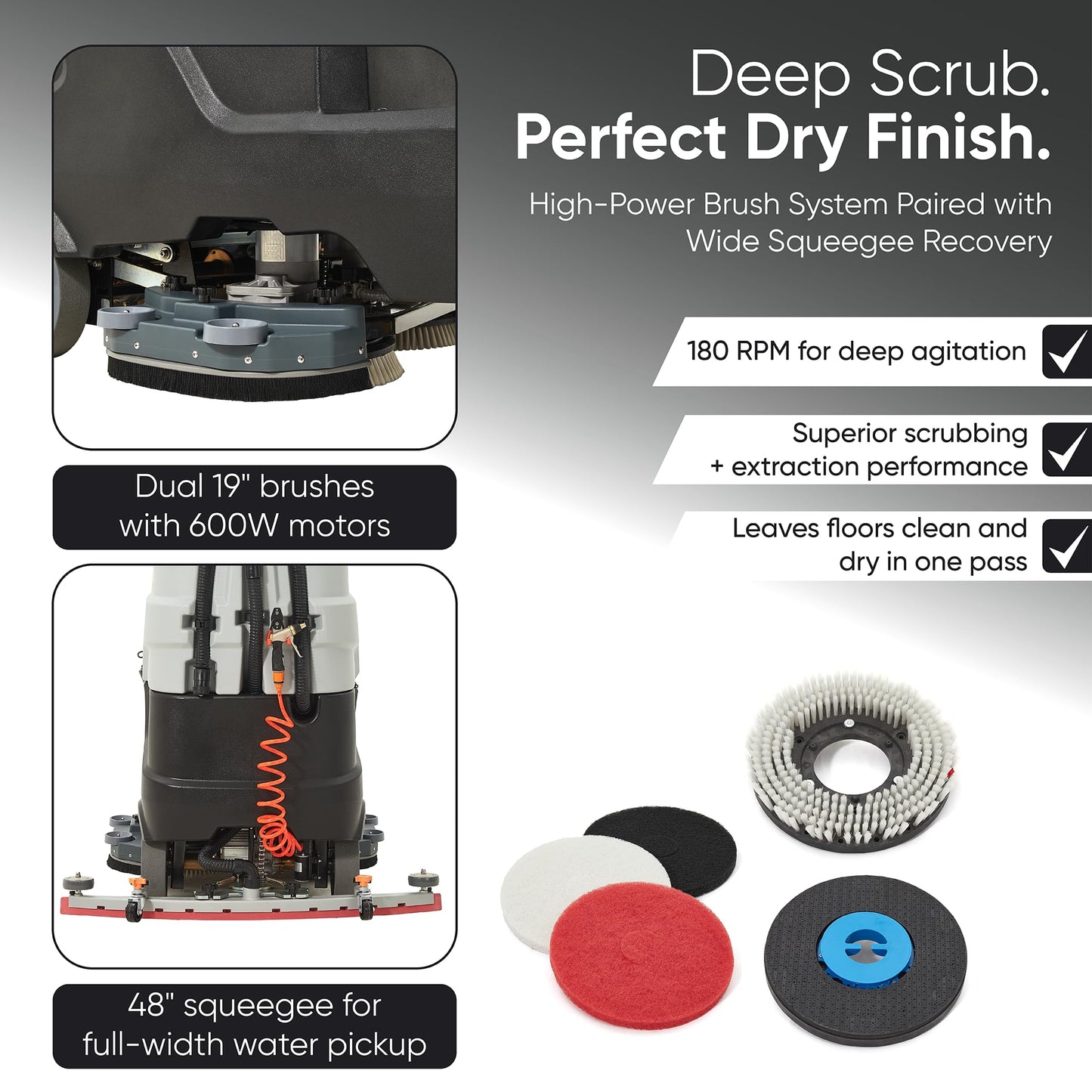 Battery Powered Ride-On Commercial Floor Scrubber Machine, 38" Brush, 48" Squeegee Width, 46 gal Solution Tank, 48 gal Recovery Tank, 5 hr Use 8 hr Charge, 180 RPM, 84,000 Sqft/H, Batteries Included