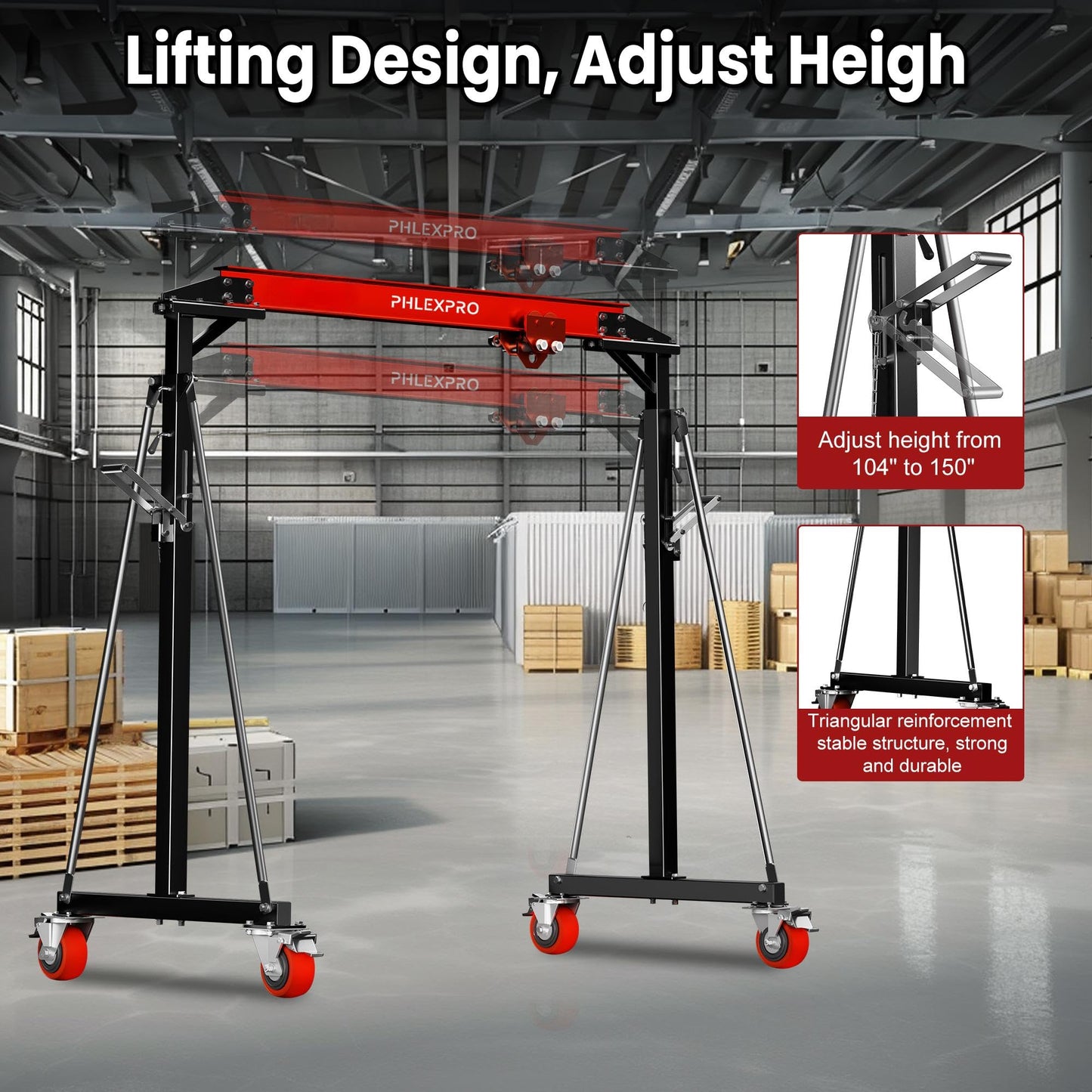 1 Ton Gantry Crane - MAX3000Lbs Portable Hoist Frame with Steel I-Beam Construction, Adjustable Height 8.57-12.50ft, Lifting Gantry for Factories, Garage, Auto Repair, Construction Site, Red