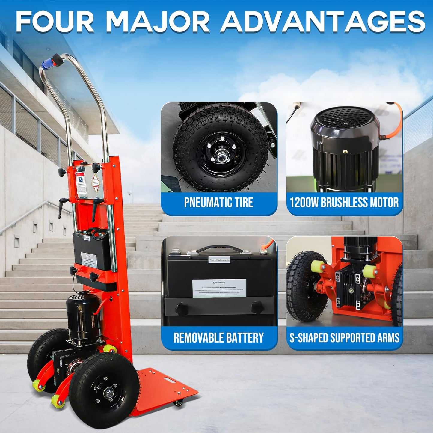RXFSP 880LB Capacity Electric Stair Climbing Hand Truck – Heavy-Duty Motorized Dolly for Straight & Curved Stairs, Effortless Heavy Load Transport