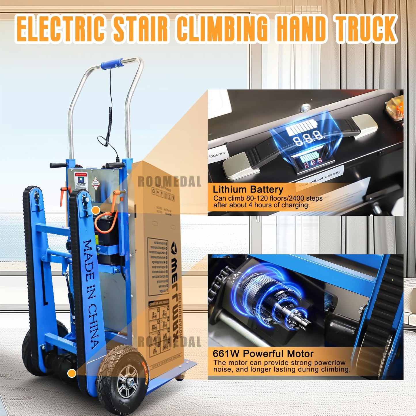 ROOMEDAL Electric Stair Climbing Dolly, 661lb 600W Powered Electric Stair Climbing Hand Trucks Dolly Cart with Rubber Tracks for Moving, Heavy Duty Stair Climber (Blue)
