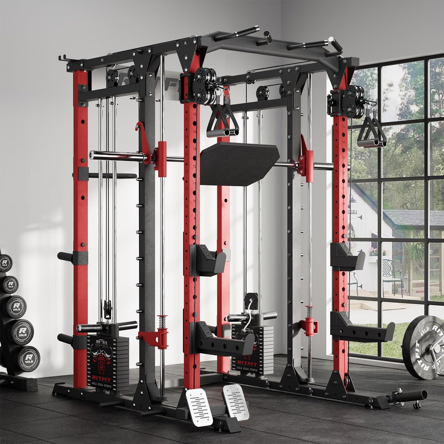 RitFit Buffalo Smith Machine Package, All-in-One Power Cage with Weight Stack , Power Rack with Cable Crossover & Leg Press Attachment for Home Gym(RED,CP260)