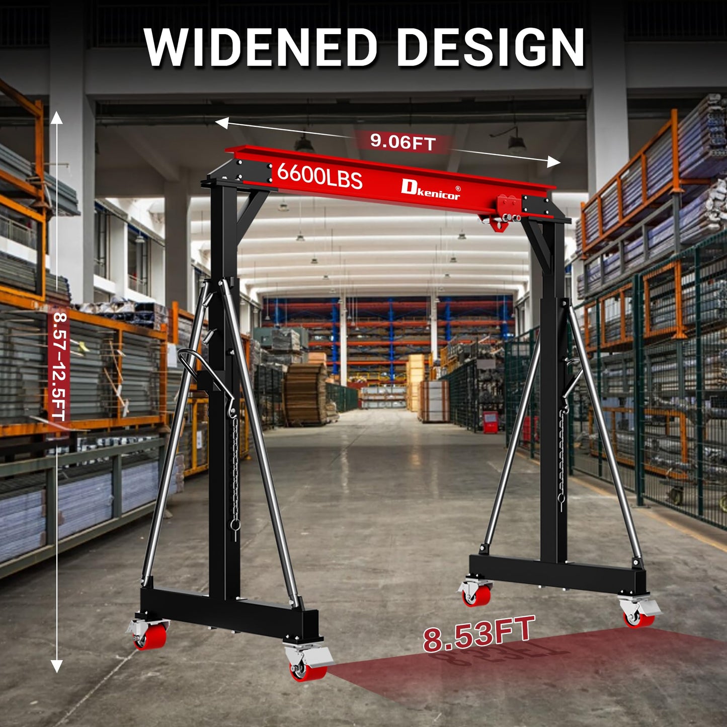 Dkenicor 3 Ton (Max.6600 LBS) Gantry Crane, Adjustable Height 8.53-12.47ft, Heavy-Duty Steel I-Beam Portable Hoist for Factories, Warehouses, Auto Repair, Construction, Red