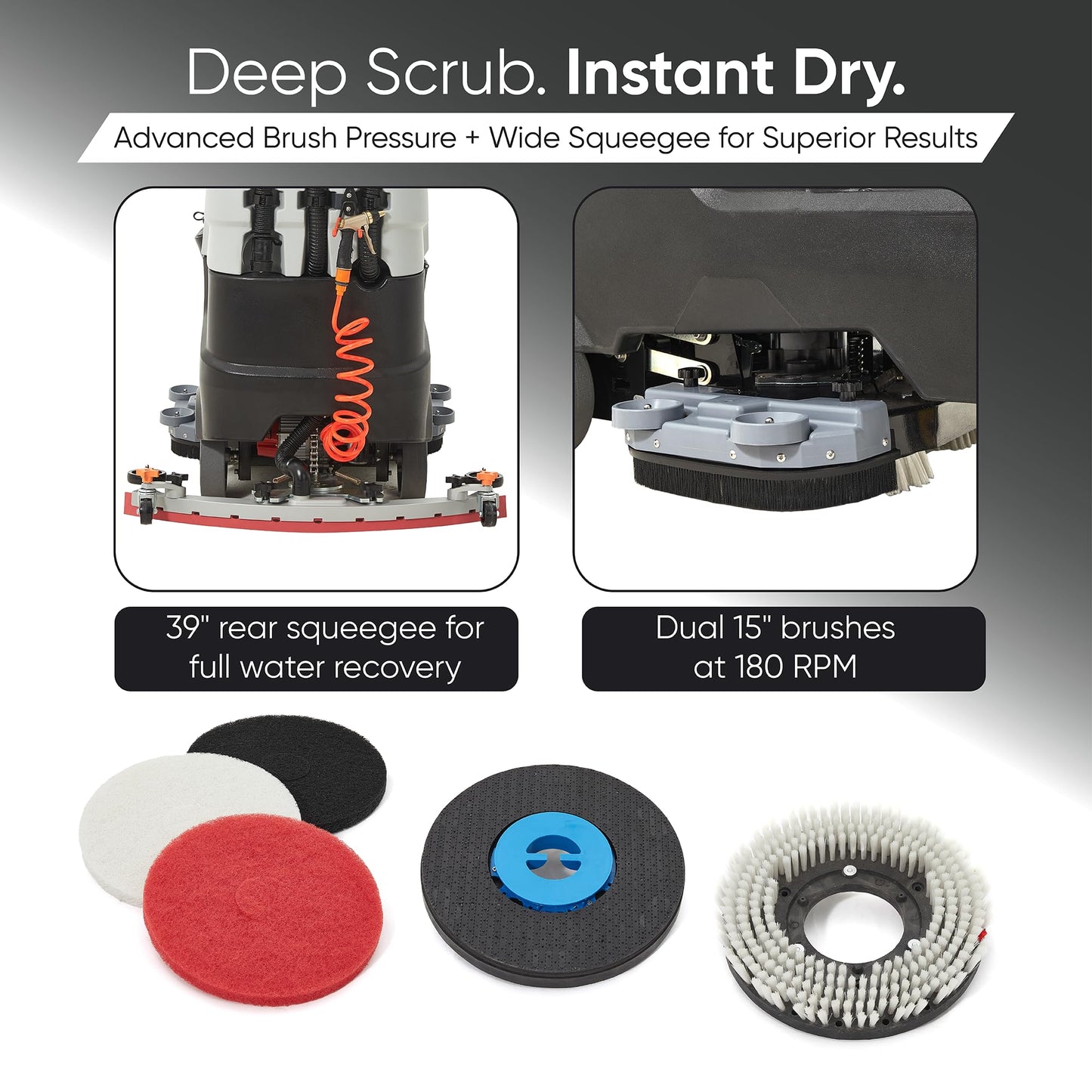 Battery Powered Ride-On Commercial Floor Scrubber Machine, 30" Brush, 39" Squeegee Width, 24 gal Solution Tank, 25 gal Recovery Tank, 5 hr Use 8 hr Charge, 180 RPM, 52,000 Sqft/H, Batteries Included