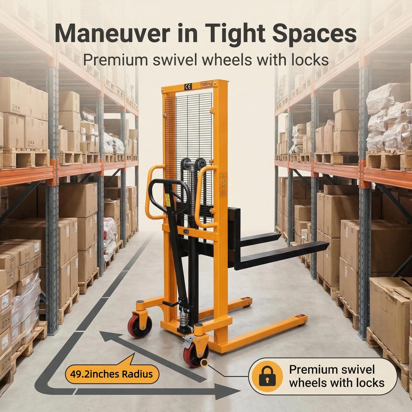 Amarite 2200lbs Manual Hydraulic Stacker - Open Bottom Pallets Only - 63" Lift Height Manual Pallet Stacker with Adjustable Forks