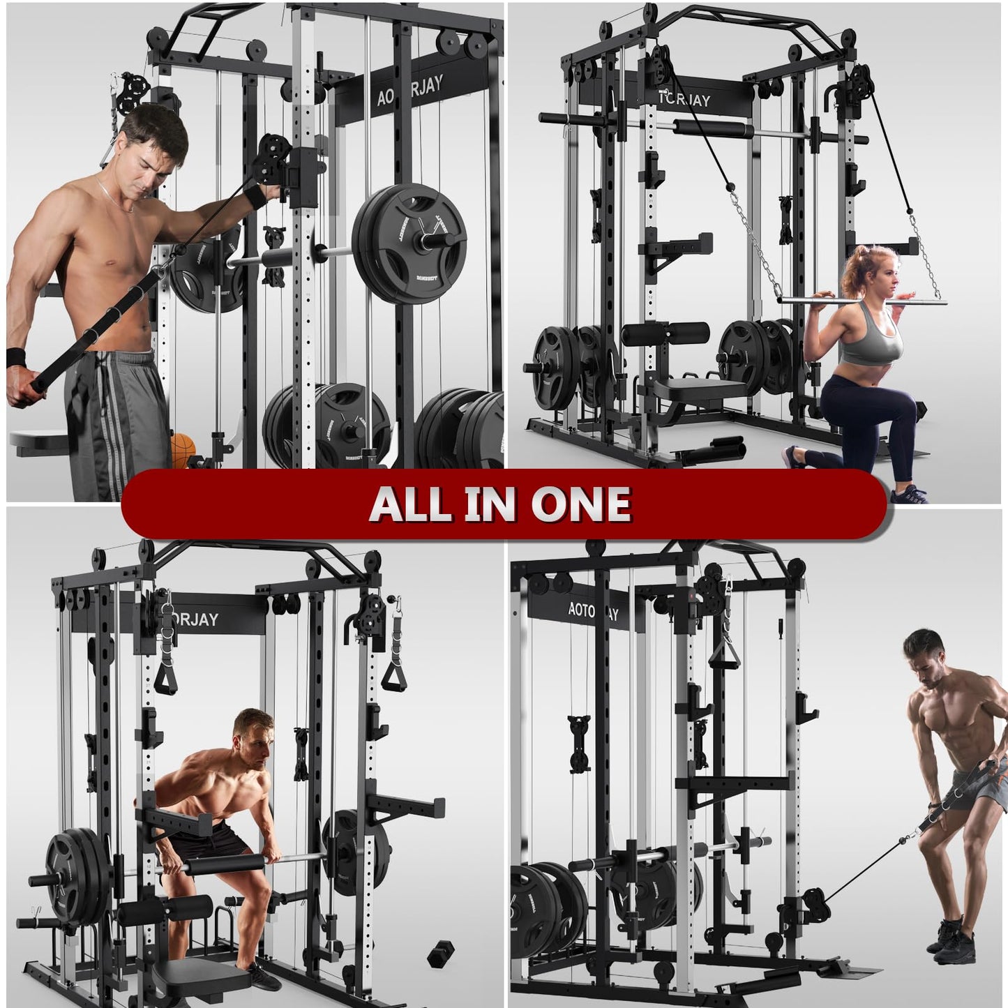 AOTORJAY Smith Machine Home Gym Strength Training Squat Rack Height Adjustable Power Cage with LAT Pull-Down Systems (Smith Machine)