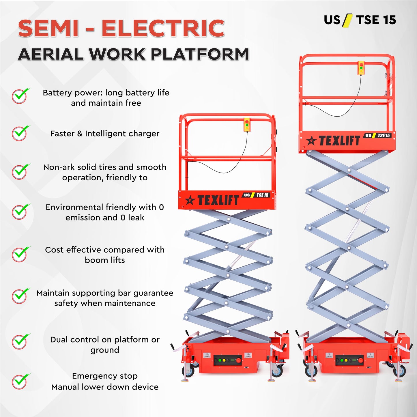 TEXLIFT Semi Automatic Electric Scaffolding Scissor Lift – Hydraulic Mobile Lifter Aerial Work Platform Height 15 Feet Overall Height 22 Feet – Portable Man Lift Table - 2 Pack