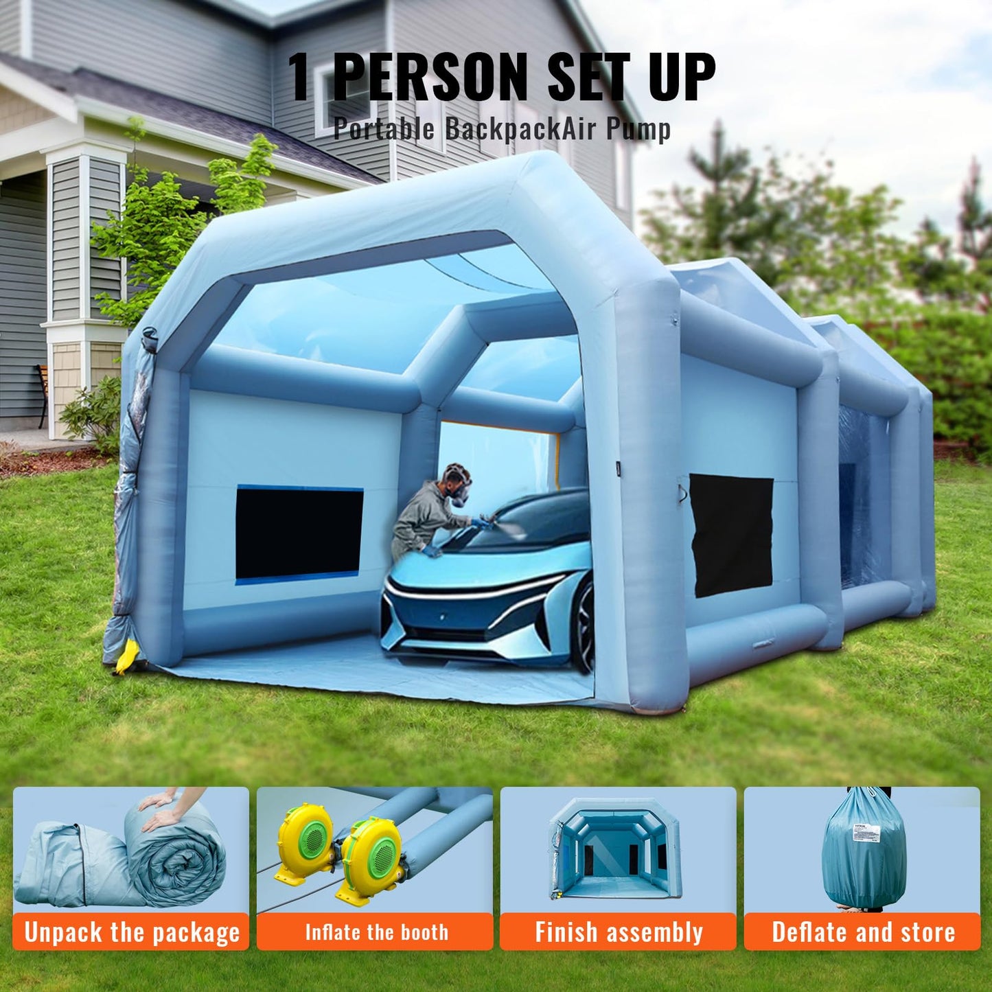 VEVOR Inflatable Booth for Cars Trucks Large Spray Tent with High Powerful 950W+1100W Two Blowers, 33x20x13ft Painting Shelter with Air Filter System, Blue